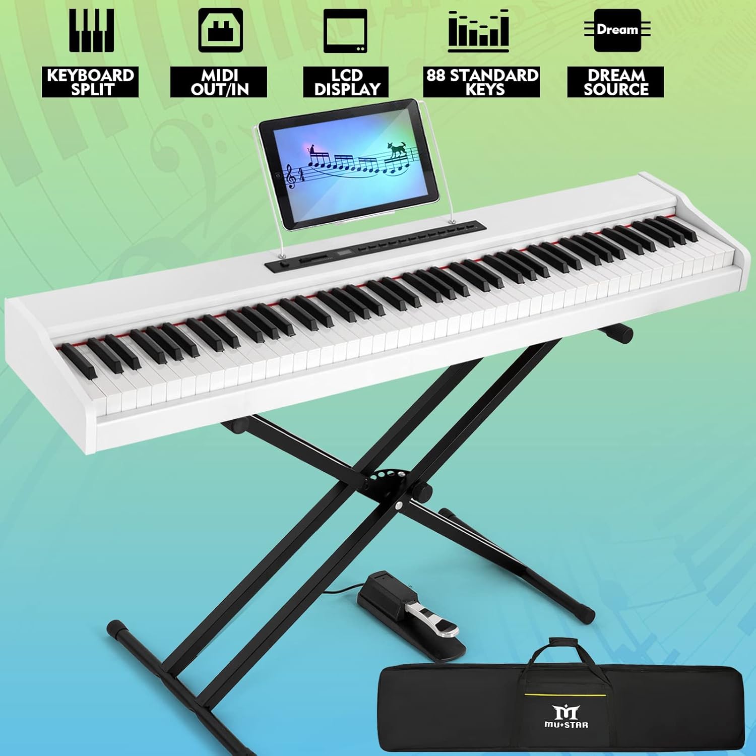 MUSTAR Digital Piano 88 Key Weighted with Stand, 88 Key Semi Weighted Keyboard Piano MEP-1000, Portable Electric Piano Keyboard 88 Keys with Bluetooth Connection, Case, Sustain Pedal, MDF, White
