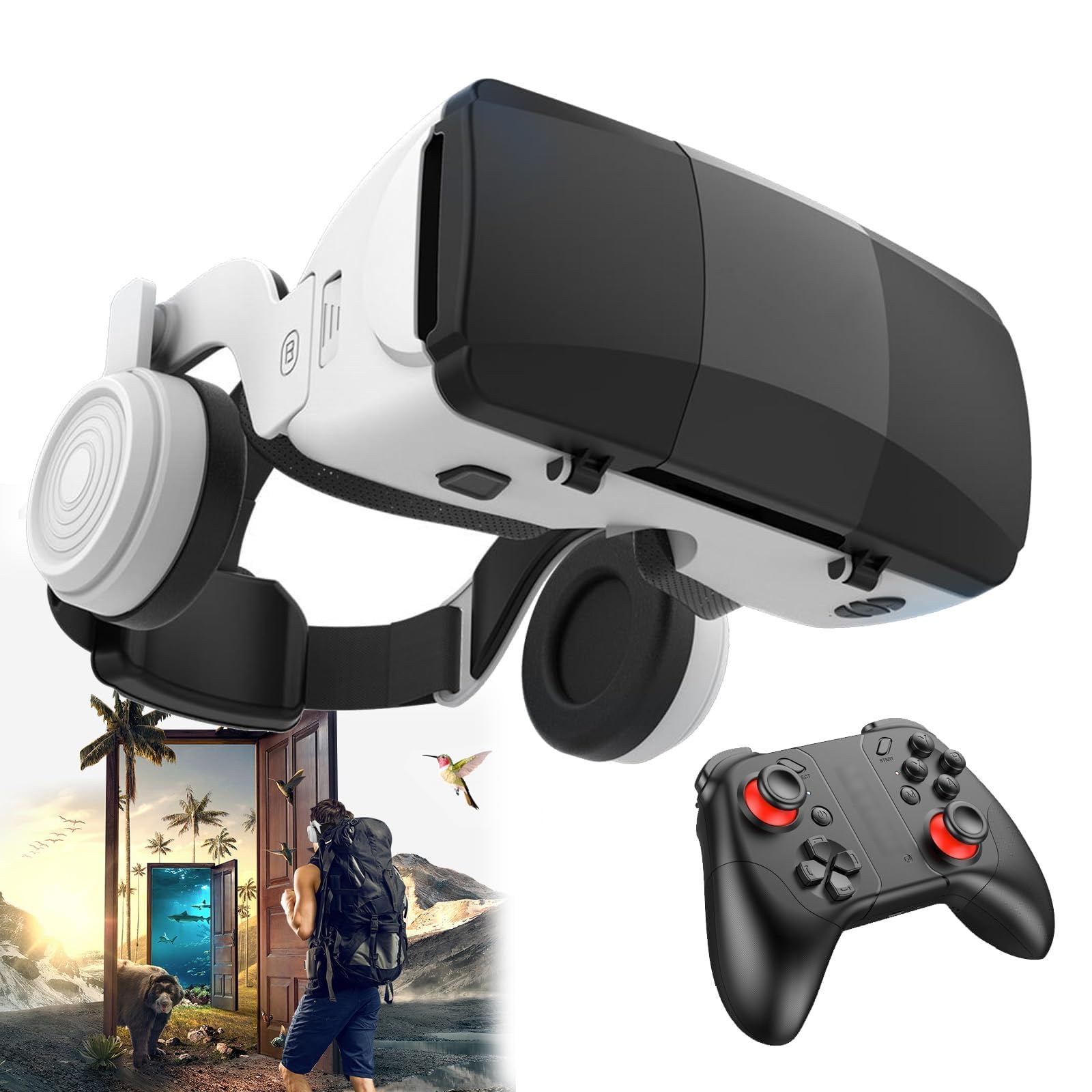 Virtual Reality Headsets to Play Games/Movies for Adults/Kids, 3D VR Glasses Compatible iOS and Android Smartphones 4.7-7.8in, Vr Headset Set with Controller and Headphones