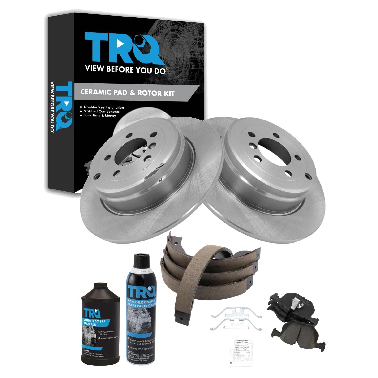 TRQ Rear Brake Pad &amp; Rotor Kit, with Chemical Kit Parking Brake Shoe Set Ceramic Compatible with 2003-2005 Land Rover Range Rover