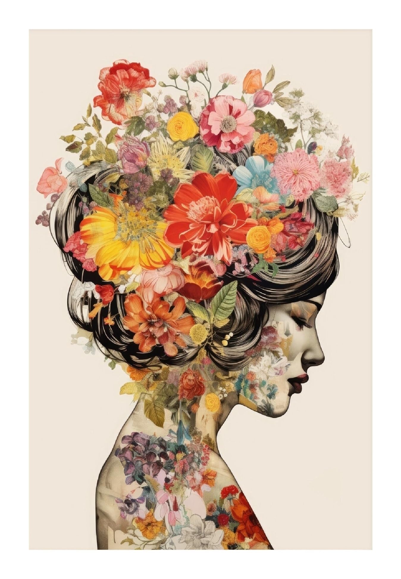 Affiche de cœur botanique vintage et crâne humain 40x60cm pour décoration murale