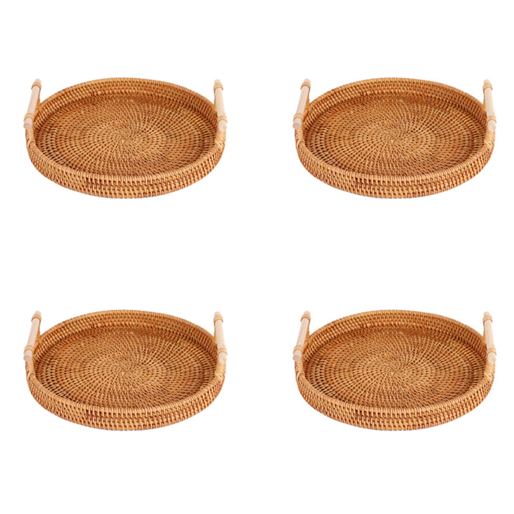 Hndhbfgrt 4X Rattan Storage Tray, Round Basket with Handle, Rattan Tray Wicker Basket Bread Fruit Food Breakfast Display L