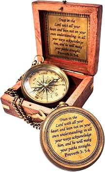 Trust in The Lord - Proverbs 3 5-6 Engraved Compass, Wood Box Greeting, Inspirational Gift Men, Christian Boys Baptism Gifts, Graduation Day