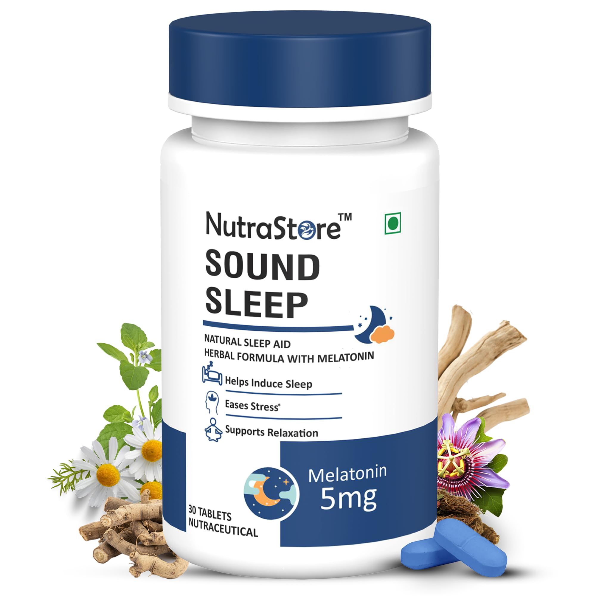 NutraStore Sound Sleep – 5mg Melatonin Sleep Tablets with Natural Ingredients | Non-Habit Forming with Tagar, Brahmi, Passion Flower & Chamomile | Supports Deep Sleep & Stress Relief – 30 Veg Tablets-image-22