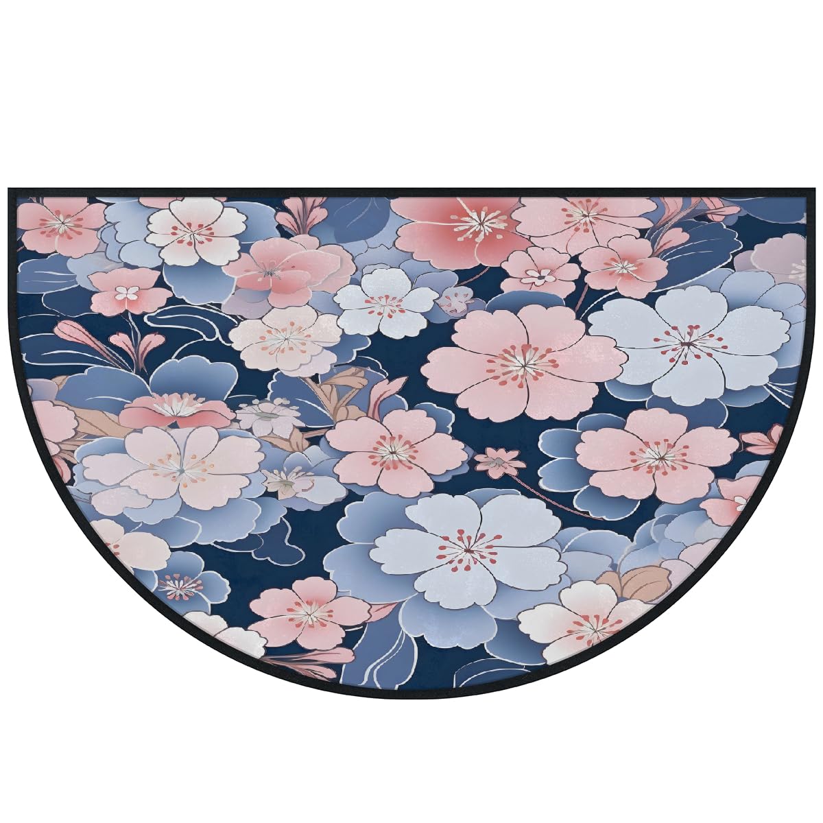 Mexpekil Paillasson japonais motif floral de cerisier en demi-lune pour intérieur et extérieur - Tapis de sol antidérapant - Lavable - Demi-cercle - Attrape la saleté - 100 x 160 cm