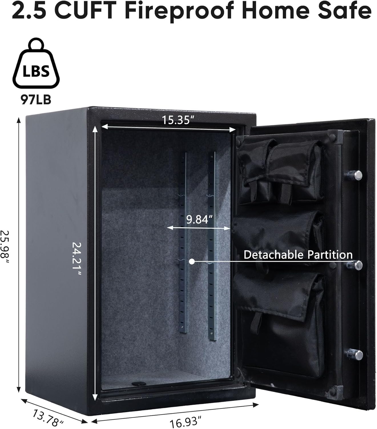 Fireproof Safe with Programmable Electronic Keypad, Home Safe with Removable Shelf, Fire Proof safe for Home Documents, 26"H × 17"W × 14"D(Black-with Gun Bag)