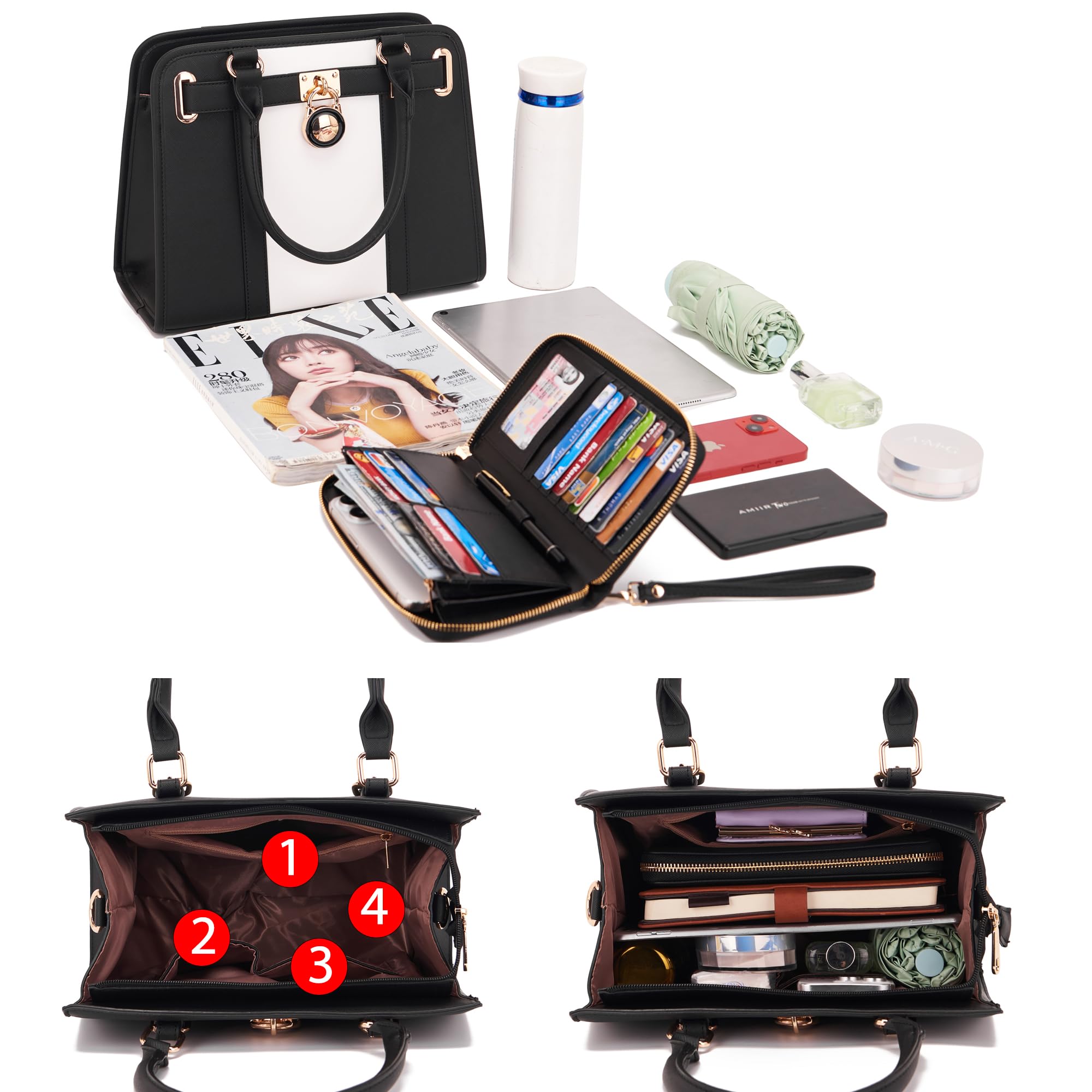Handbags Sets For Women Shoulder Bags Top Handle Work Satchel Tote Purses Set With Matching Wallet 2pcs: A631-2pcs/Set Blackwhite
