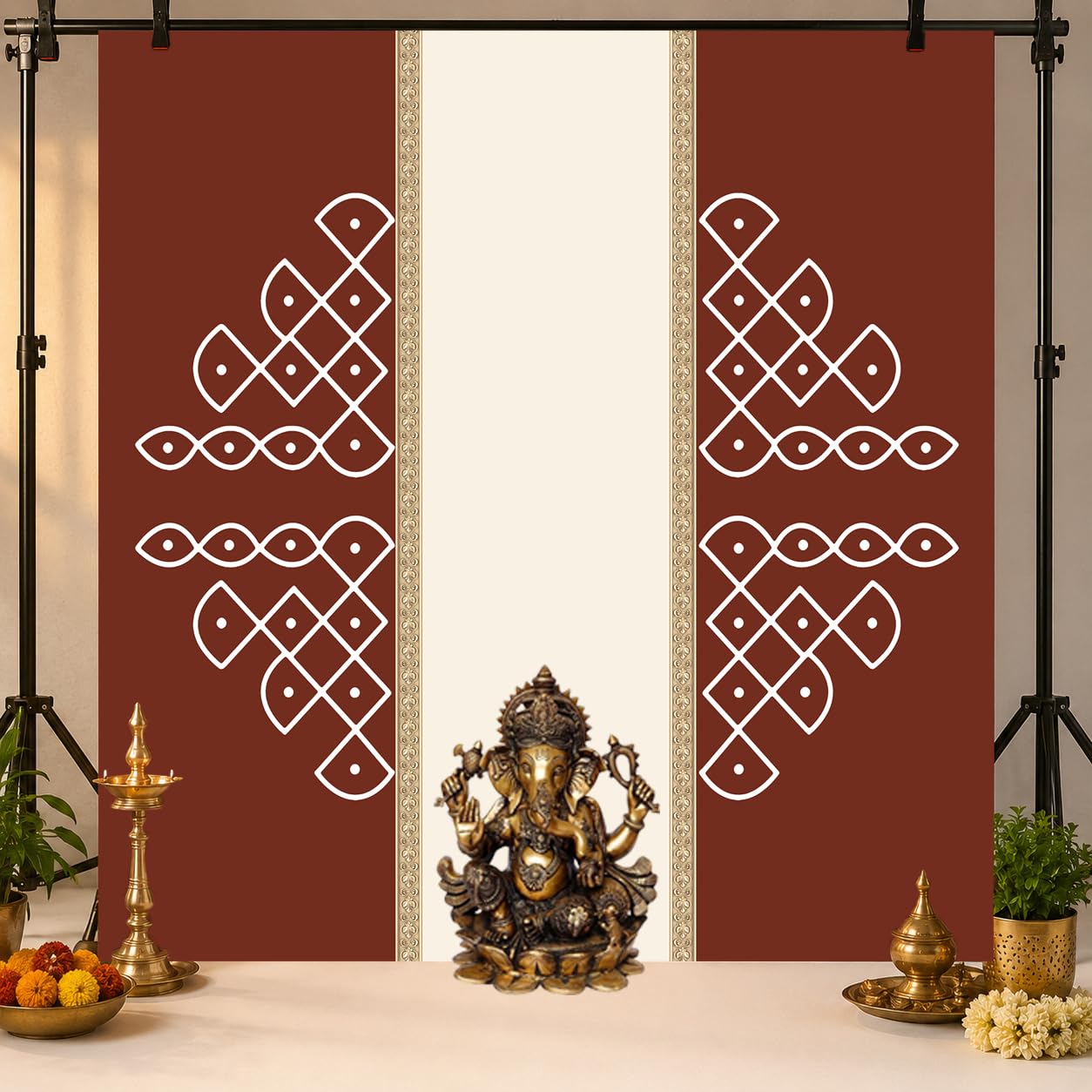 Traditional Kolam Rangoli Print Backdrop, Brown and Cream Colur Backdrop Cloth use Pooja Haldi & Mahandi | Ganesh Chaturthi Festive Backdrop-image-22