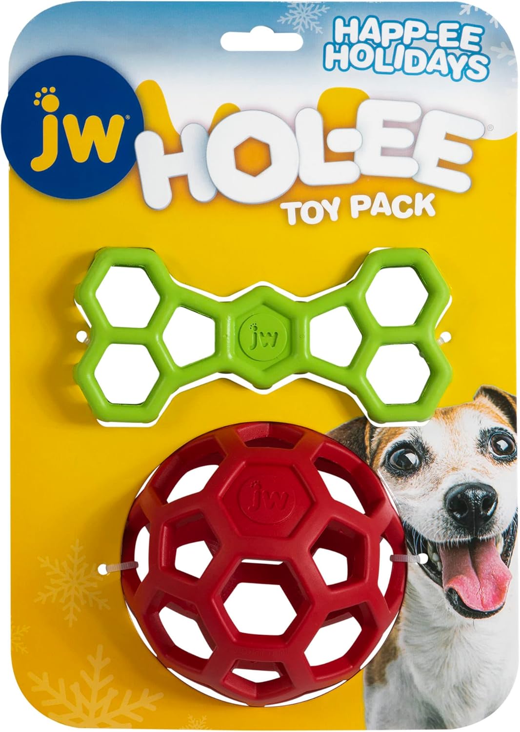 JW Hol-ee Holiday 2PK Dog Toy Set - 2 Pack Treat Ball & Pull Toy for Small Breeds
