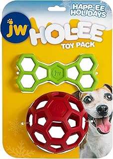 JW HOL-ee Holiday for Dogs, Treat Ball Dog Toy Throw Toy & Pull Toy - 2 Pack