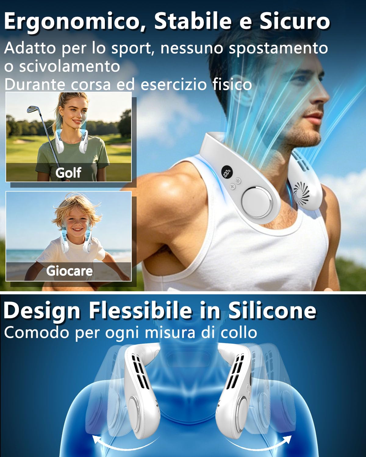 Ventilatore da Collo Sportivo con Raffreddamento, Neck Cooler Portatile e Silenzioso con 3 Temperature e 5 Velocità, Batteria 5500mAh Autonomia 15 Ore, LED, per Corsa, Ciclismo e Fitness Outdoor