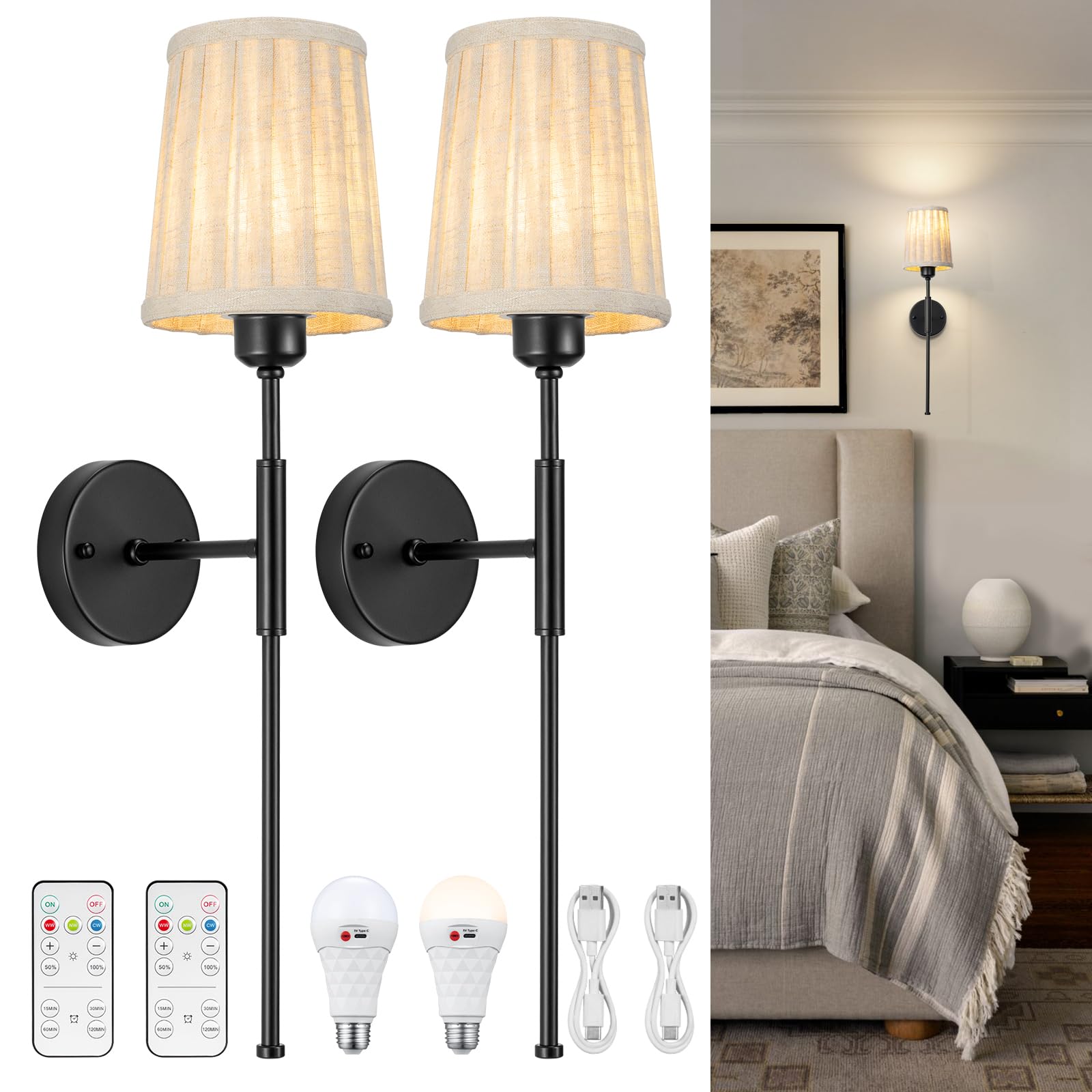 Battery Sconces Set Of 2 Battery Operated Rattan Wall Sconces - Wireless, Remote Control, Dimmable 15 Colors, Boho Style Stick On Wall Sconce
