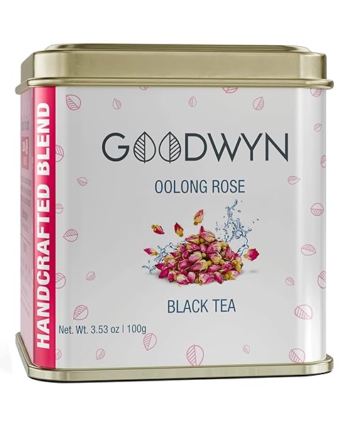 Goodwyn Oolong Rose Tea Loose Leaf Black Tea 50 Cups (100g / 3.5 oz) | Oolong Herbal Tea, Medium Caffeine Premium Black Tea with Real Rose Petals | Delicate Floral Aroma, Sugar-Free | Luxurious Blend in Reusable Tin | Perfect for Gifting, Indian-Origin Chai