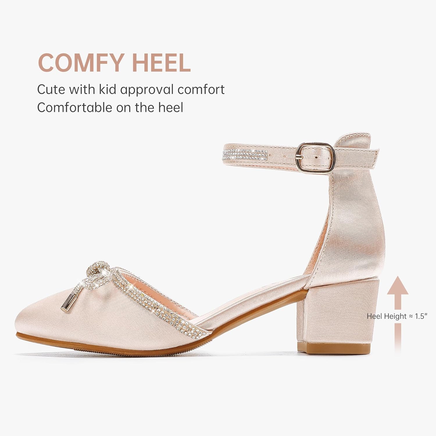 Girls Sandals Closed Toe High Heels Pointed Toe Ankle Strap Pumps Flower Girl Dressy Shoes in Wedding Party Cute Bowknot Chunky Block Heeled for Little Big Kids - Image 5