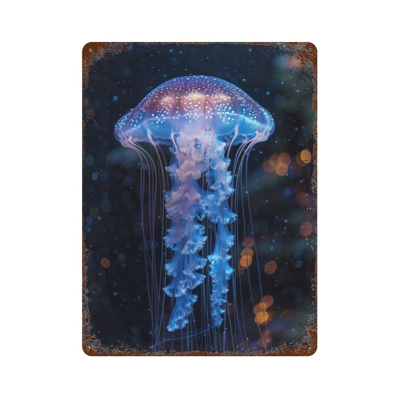 Distressed Metal Wall Sign Luminous Jellyfish Grace 15.7"x11.8", Vintage Wall Decor for Garage, Bar And Workshop Decor