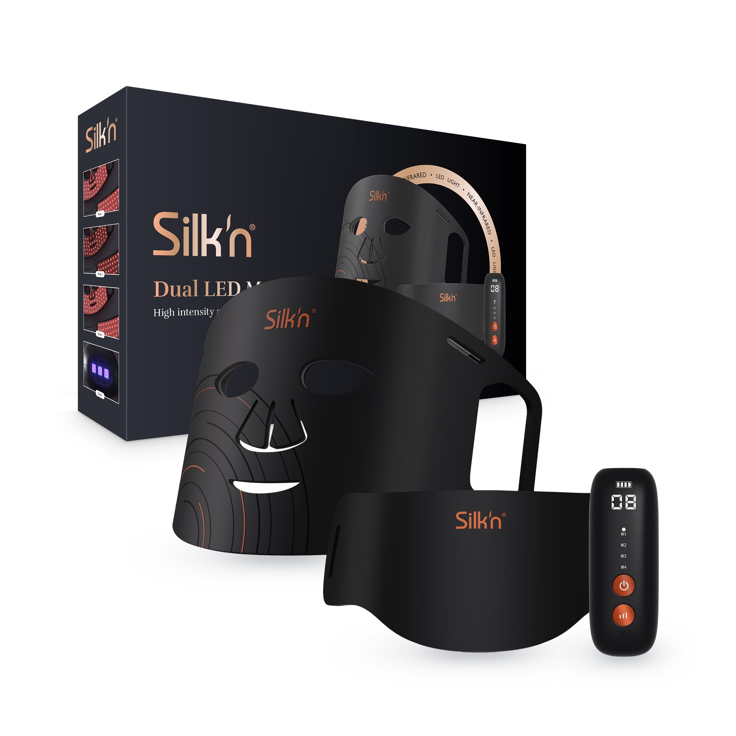 Silk'n Set Maschera LED per viso e collo | Maschera LED Dual | Maschera di bellezza con fototerapia per viso e collo | Cura della pelle | Nero