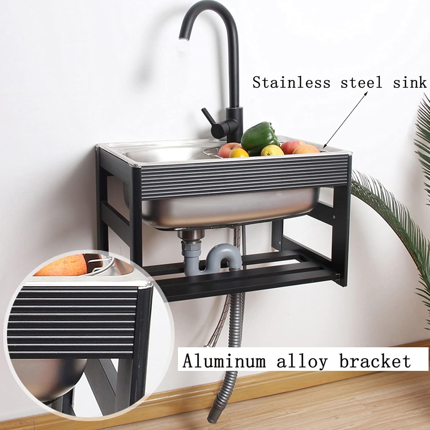 Wall-Mounted Kitchen Sink,Stainless Steel Utility Sink, Commercial Kitchen Sink Single Bowl,for Outdoor, Indoor, Garage, Kitchen, Laundry Room, Utility Room(2 48×35×30cm)