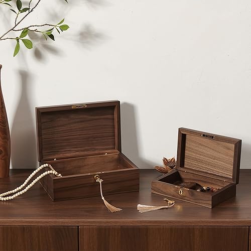 Miniatura 5 de Cajas de almacenamiento de nogal con tapa de bloqueo, juego de 2 cestas de almacenamiento decorativas de madera maciza con cerradura, caja de