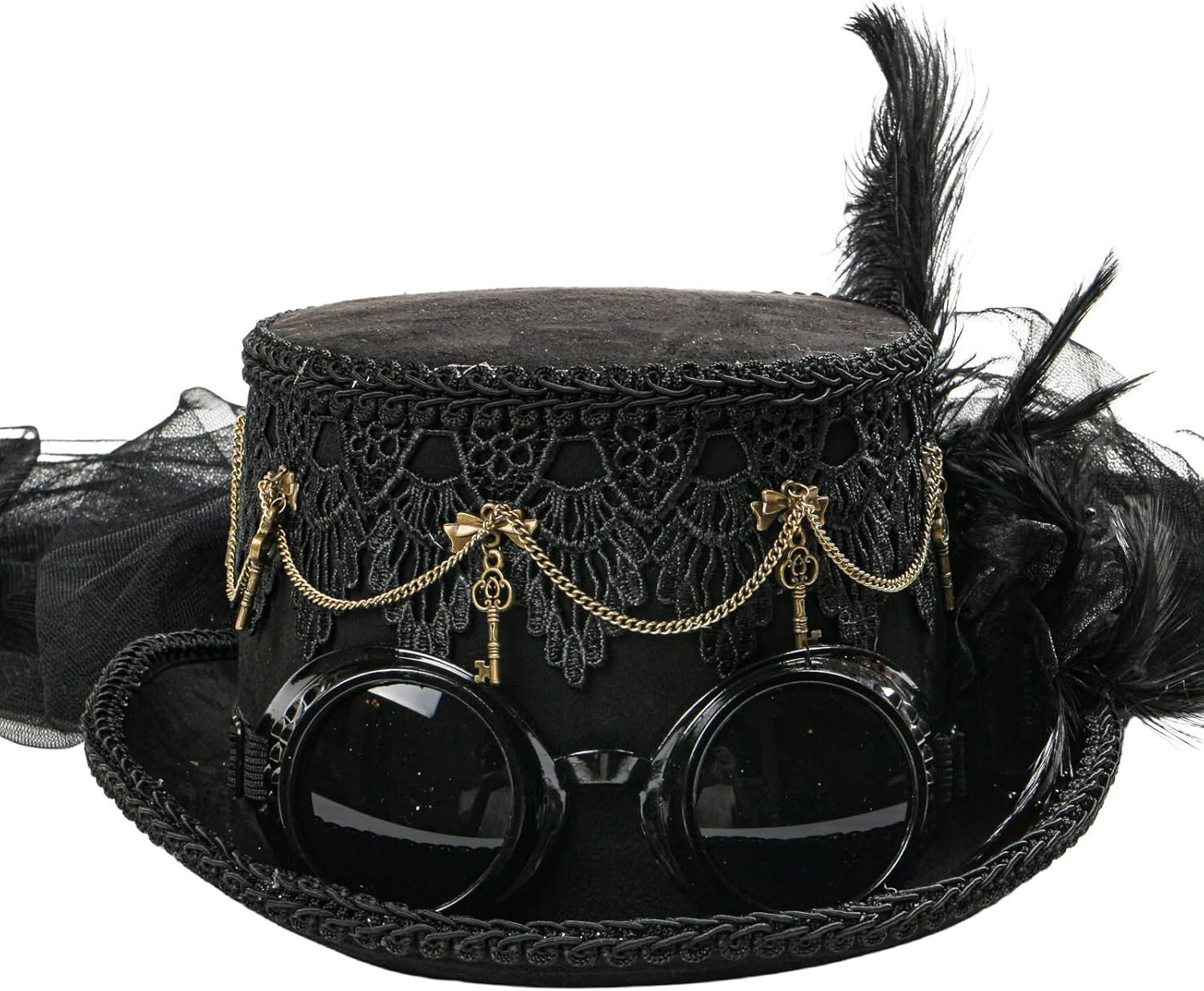 Women Gothic Steampunk Victorian Top Hat Headdress Long Lace Veil Feather with Goggles, 19th Century Black Deluxe Victorian Ladies Party Top Hat Steampunk Costume Glasses Goggles