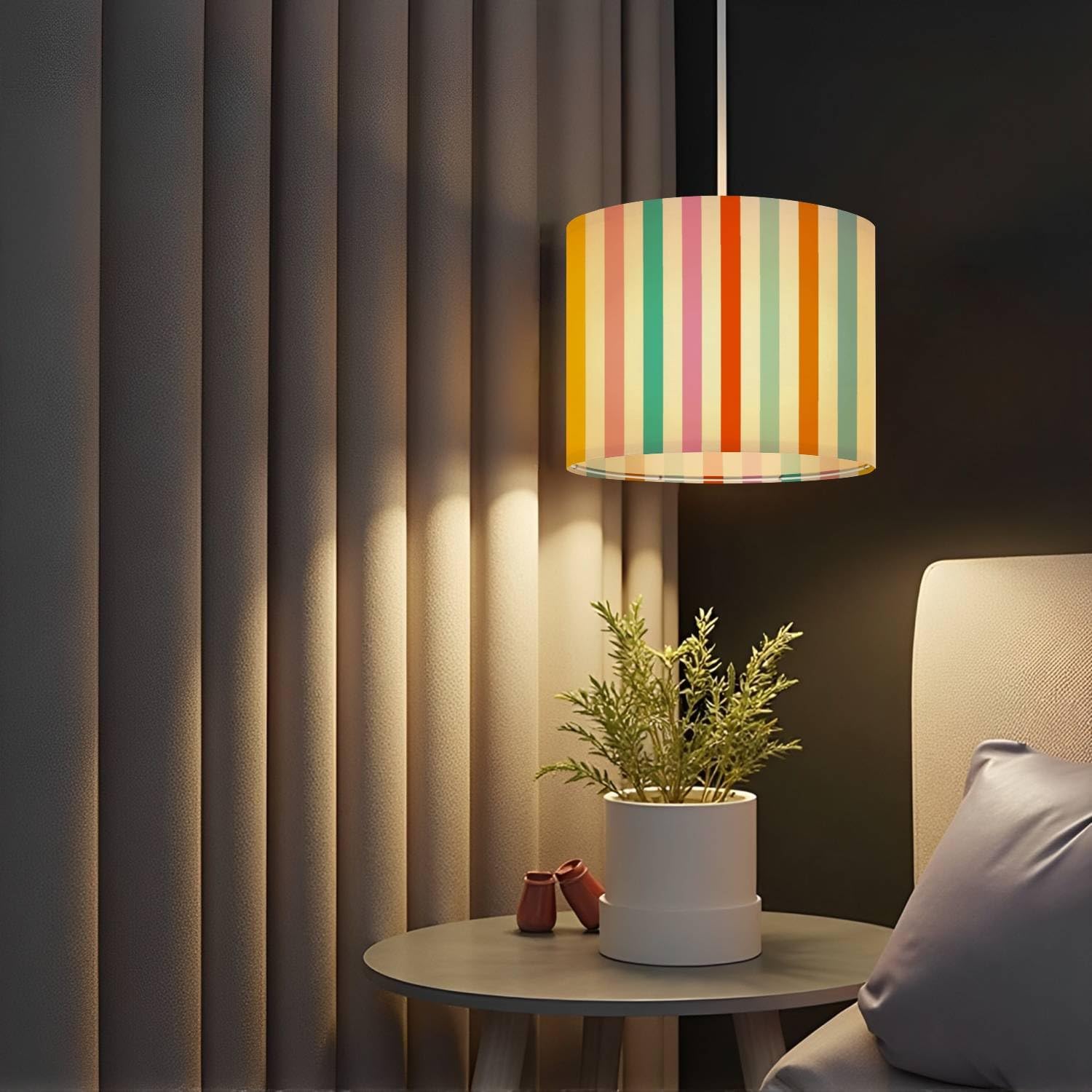 Boho Drum Lamp Shades - 11" x 11" x 8.9" Colorful Vertical Stripe Seamless Pattern Retro Rainbow Candy Stripes Replacement Natural Linen Lampshades for Table Lamps, Floor Lamps Easy Assembly
