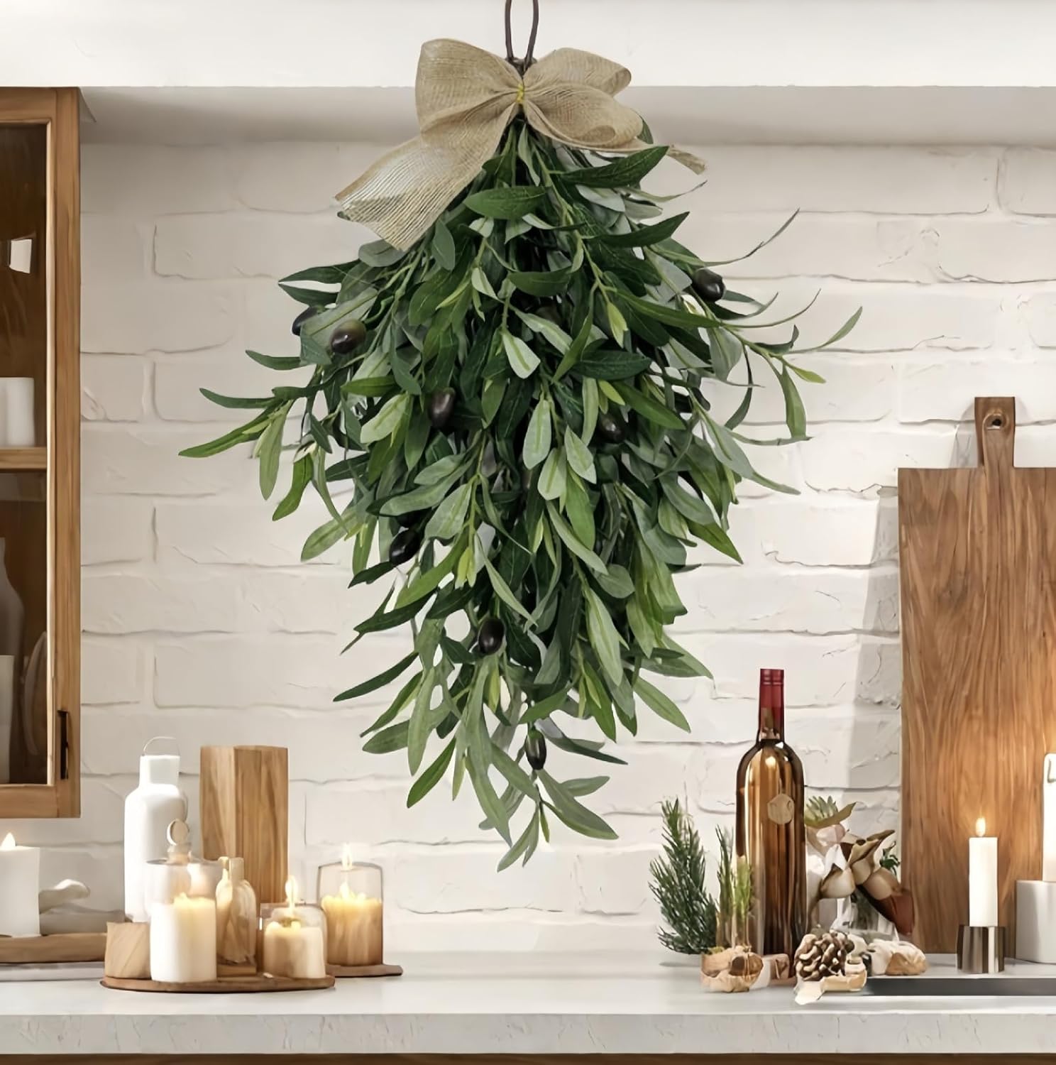 24" Artificial Olive Branch Teardrop Swag, Realistic Faux Olive Bunch with Burlap Bow, for Front Door, Wall, Home & Year-Round Decor, Farmhouse Rustic Floral Accent for Indoor Outdoor (2 Pcs)
