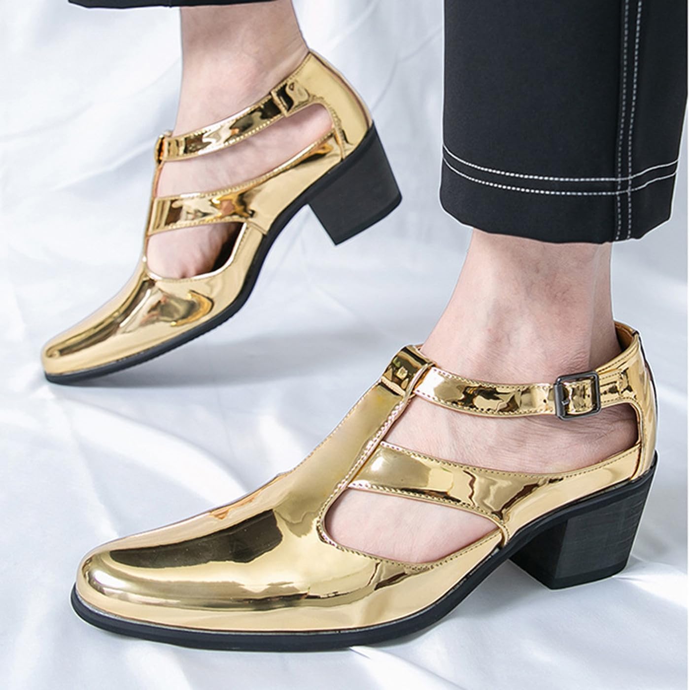 Santimon Men's Metallic T-Strap Buckle Dress Shoes - High Gloss Cutout Formal Shoes, Block Heel for Wedding, Party, Dance & Stage Performance