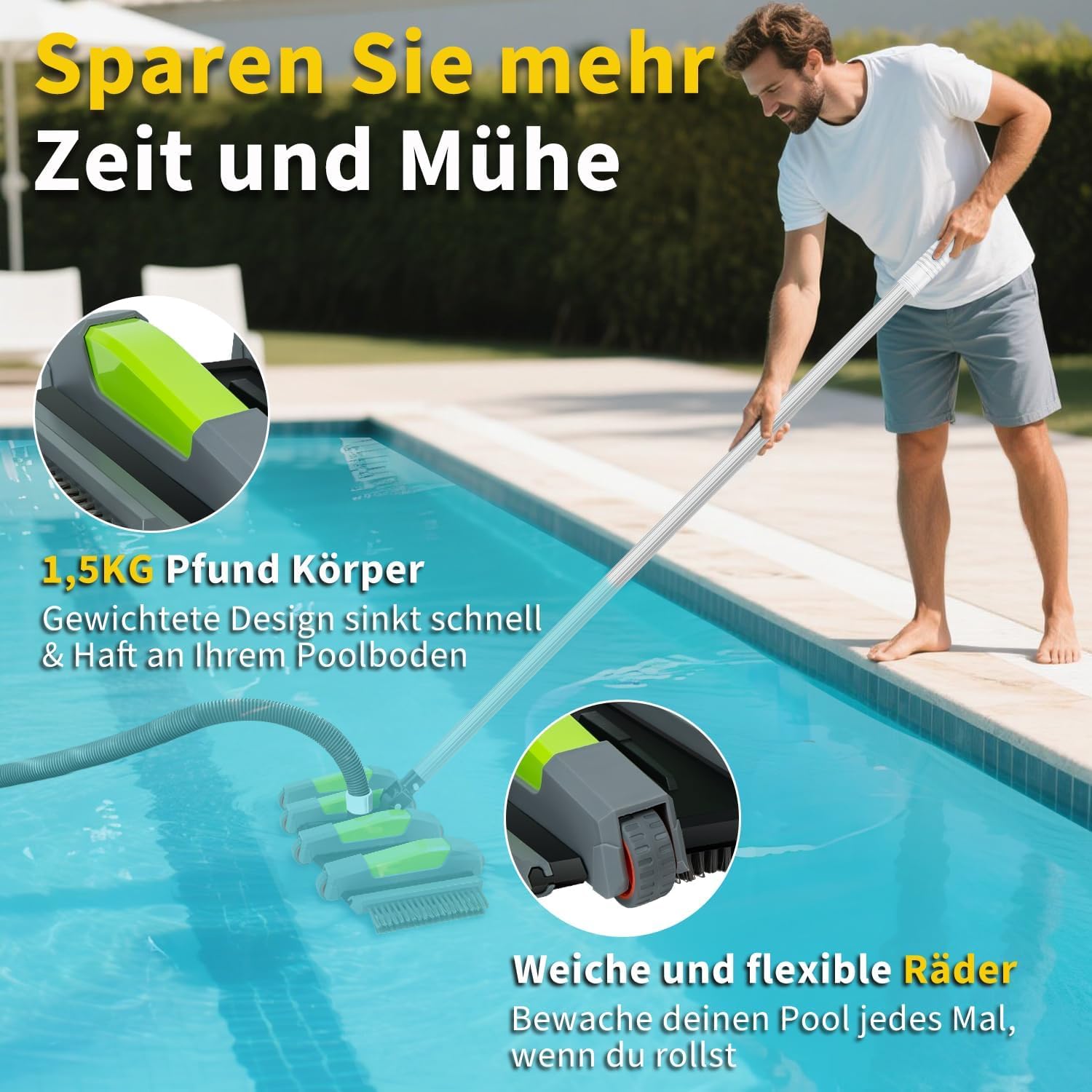 Poolbürste mit Sauganschluss, 45cm Robuster Pool Bodensaugerbürste mit Rädern, Poolsauger Bürste Flexible mit Seitenbürste und Bodenbürstenkopf, Pool Bürste Sauger Passend für 3,2cm&3,8cm Schläuche