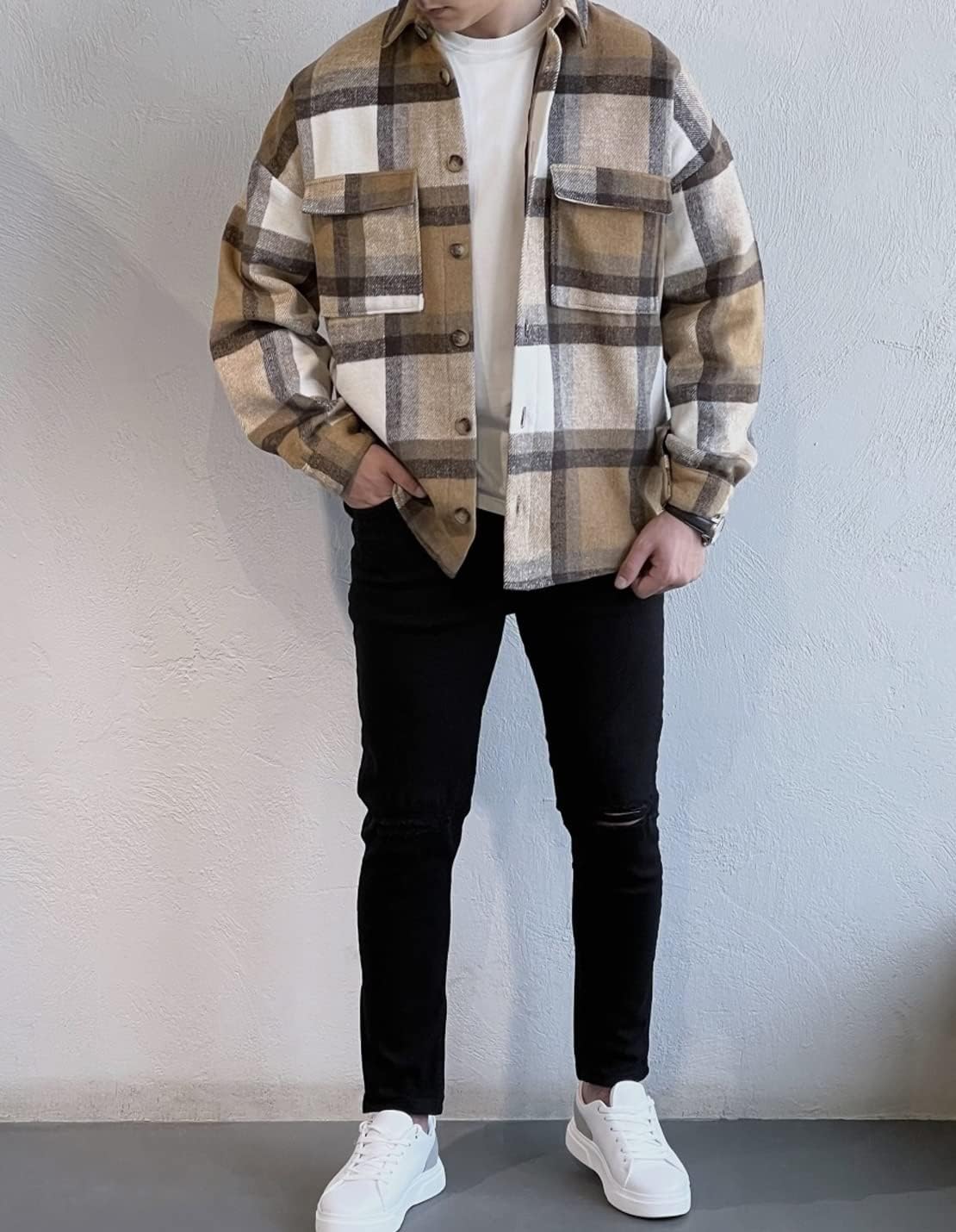 Men's Casual Warm Plaid Wool Blend Jacket Fleece Relaxed Fit Button Up Long Sleeve Shacket Shirt Coat - Image 4