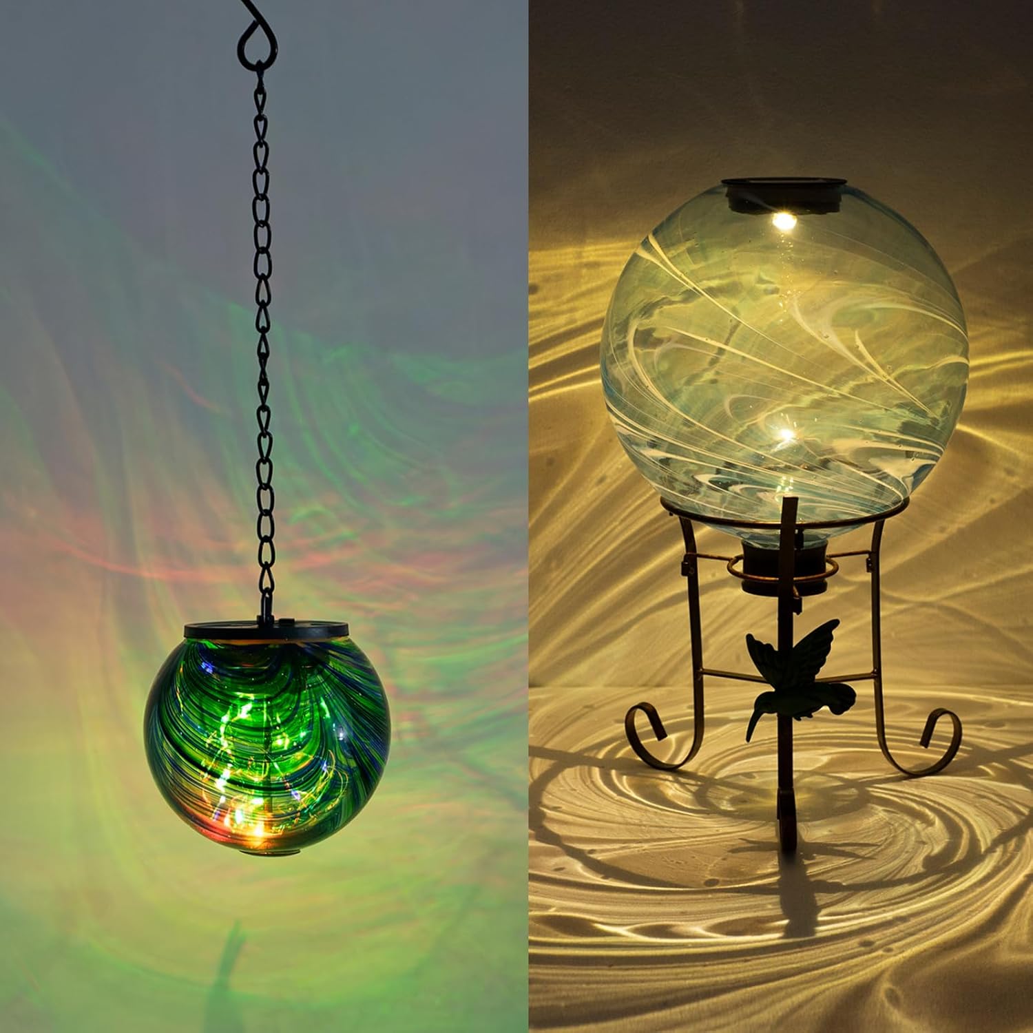 Solar Hanging Gazing Ball Light and 10 Inch Solar Glass Gazing Ball with 9.4" H Stand