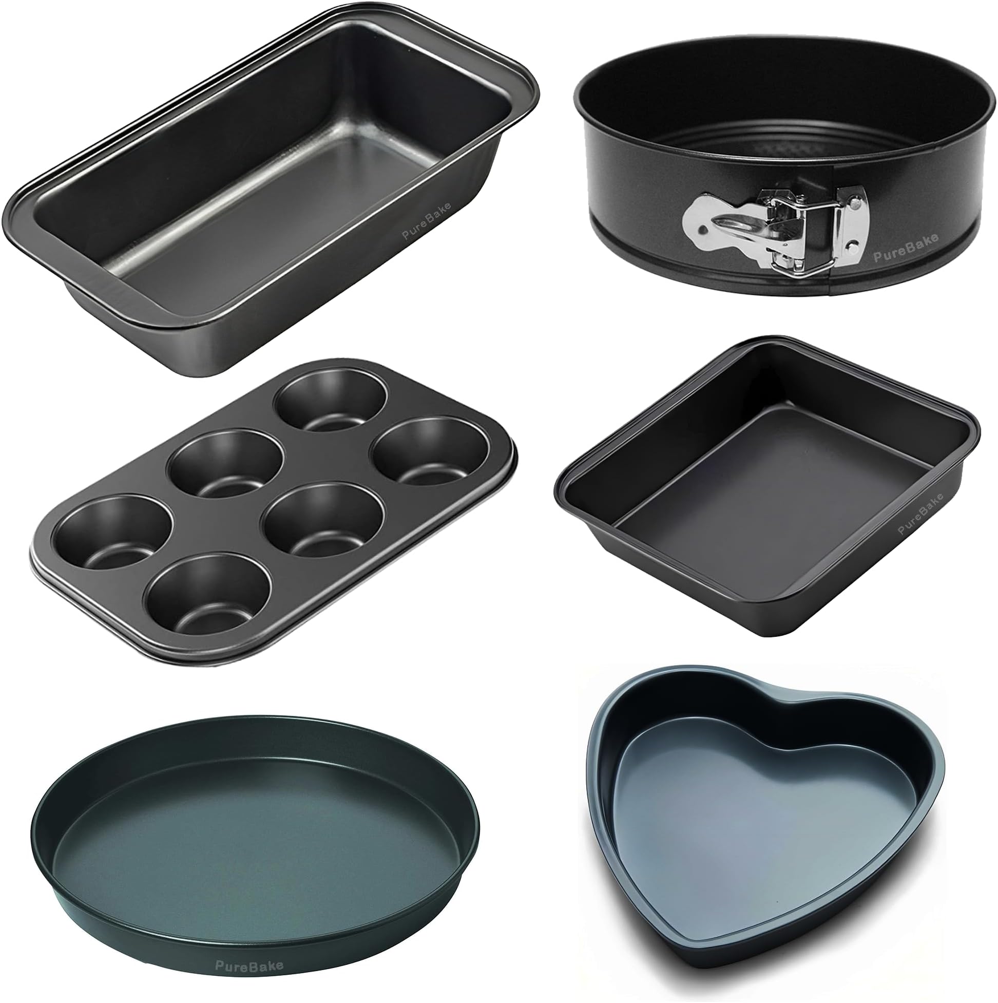 PureBakePremium 6 Pc Bakeware Set - Round, Square, Heart & Loaf Cake Tins, Pizza Pan, Muffin Tray & Bread Loaf - Carbon Steel, Black