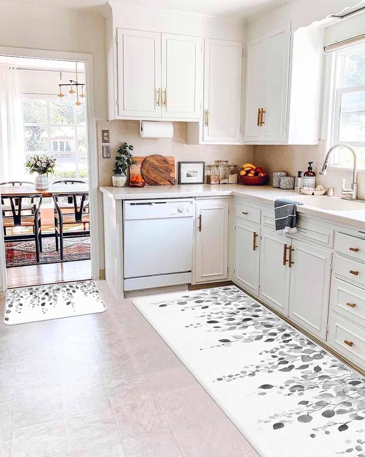 Eucalyptus Kitchen Rugs and Mats Set of 2,Grey Leaves Branch Watercolor Spring Summer Absorbent Bath Runner Rug Washable Floor Door Mats Throw Accent for Bedroom Living Room Bathroom Entrance Sink