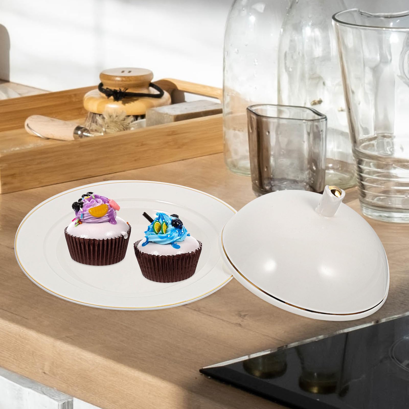 Gatuida Piatto in Ceramica Bianco con Coperchio per Bistecca e Dessert, Piatto da Portata Funzionale per Ristorante e Hotel, Materiale Ceramico Resistente e Finitura Liscia