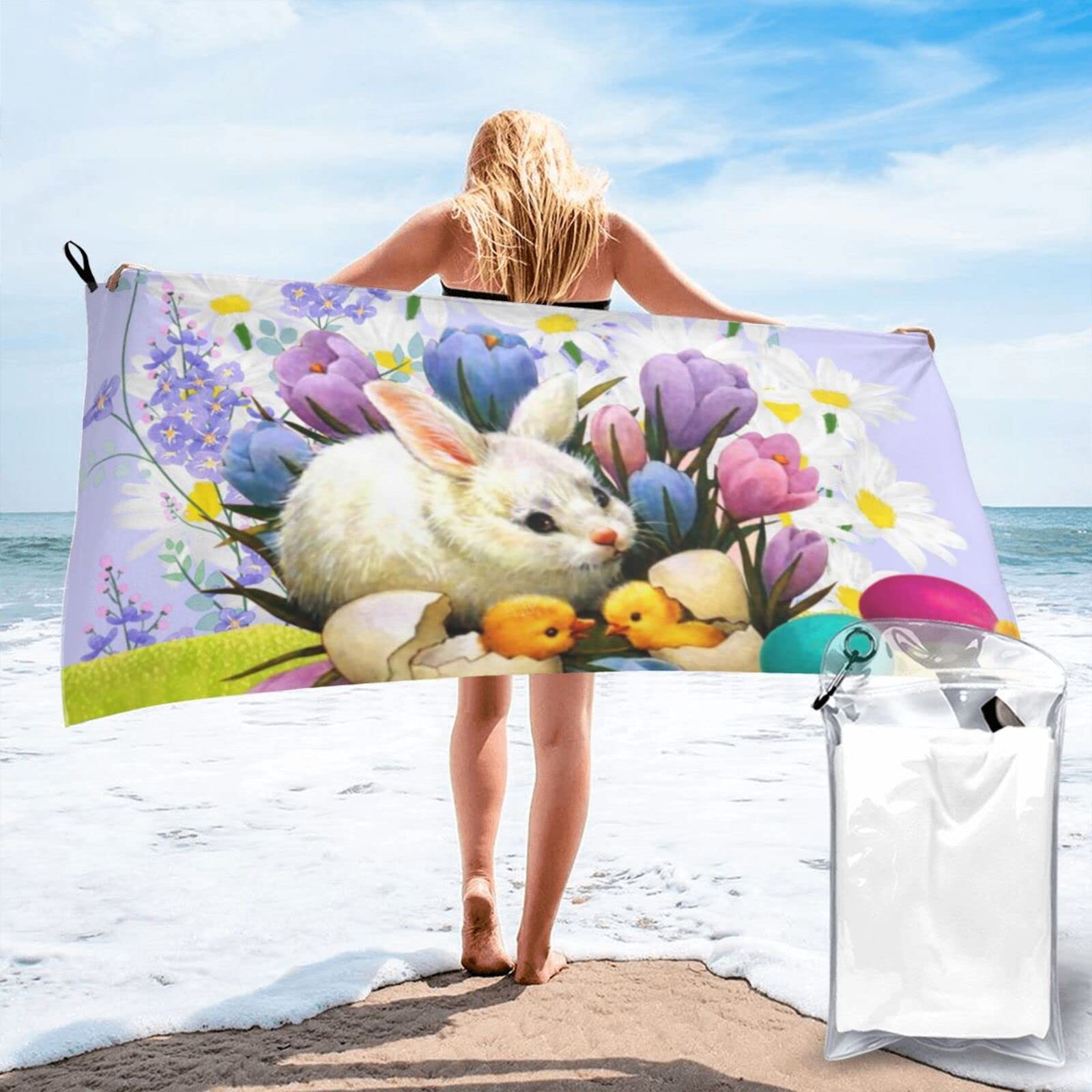 Lawenp Easter Egg Bunny Microfiber Beach Towel Adults Large Quick Drying Bath Towel Travel Towels with Pouch 27.5"x55"