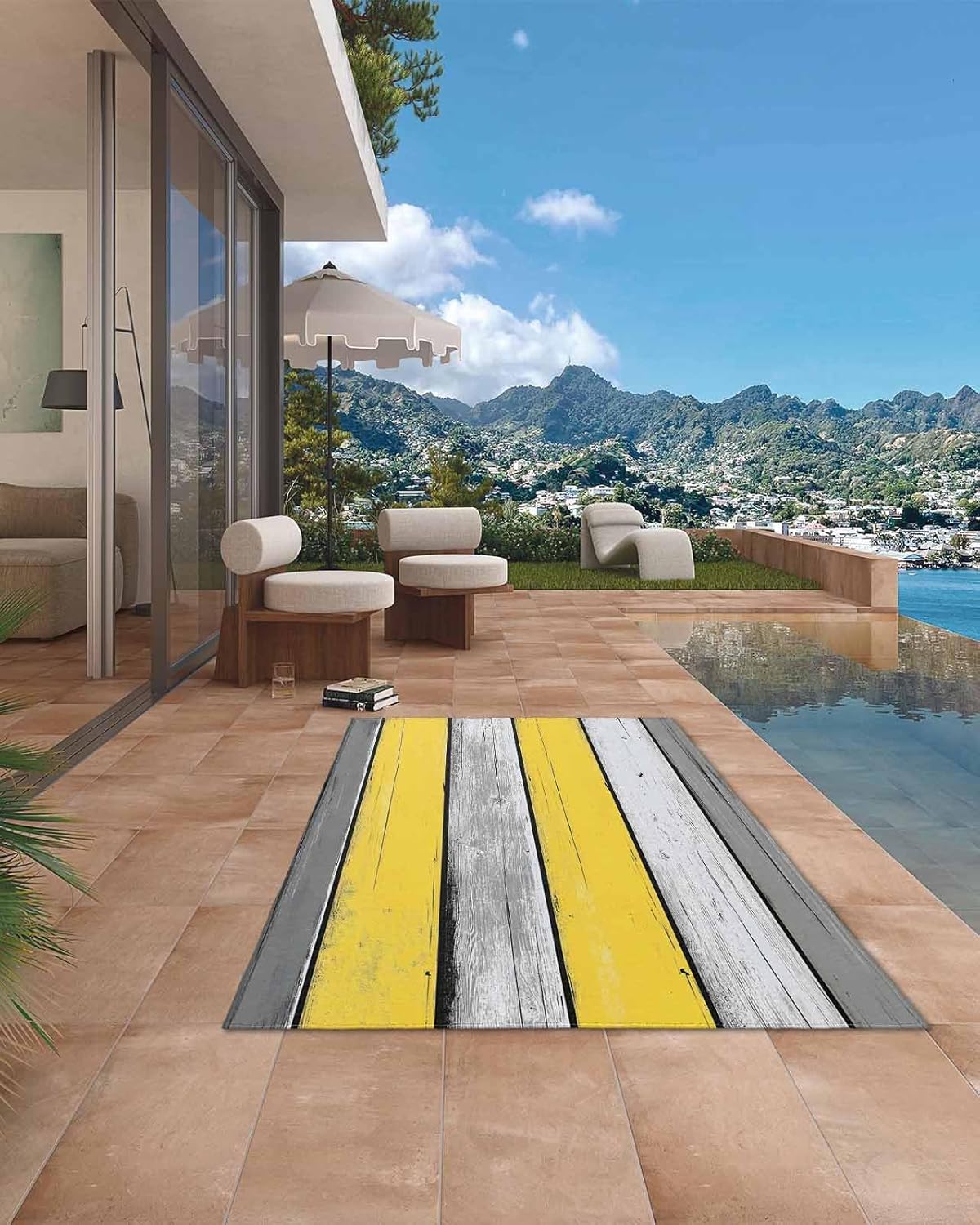 Outdoor Rug 4x6 ft Yellow Gray Stripe Outdoor Large Area Rug Non Slip Rubber Retro Wood Grain Washable Front Door Mat RV Rug Camping Carpet Patio Outdoor Rugs for Backyard Balcony Deck Porch Indoor