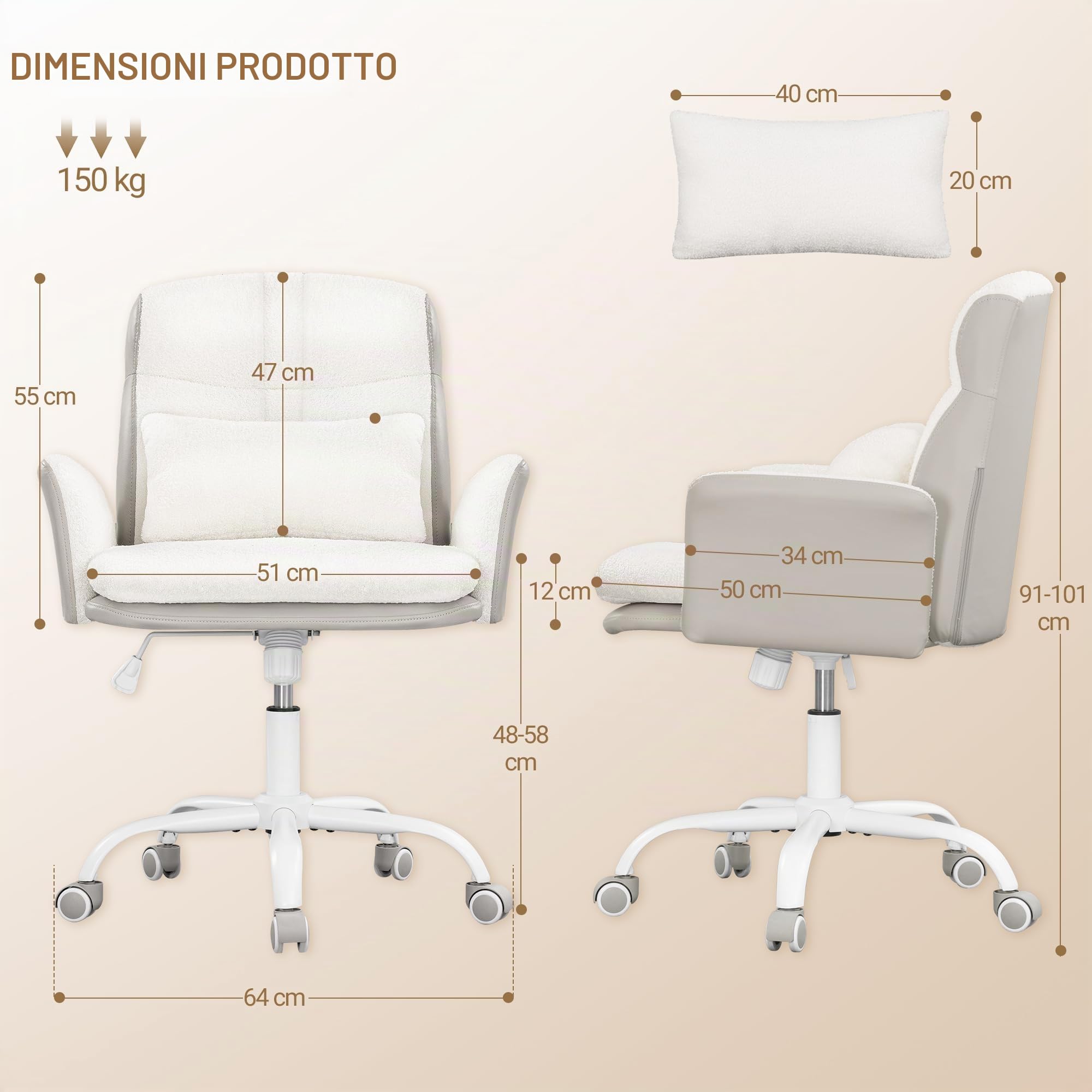 Hzuaneri Sedia da Ufficio per Casa con Cuscino Lombare, Sedia Scrivania Girevole con Funzione Dondolo, Poltrona da Ufficio in Ciniglia Traspirante, Sedia da Camera da Letto e Soggiorno, Beige e Bianco