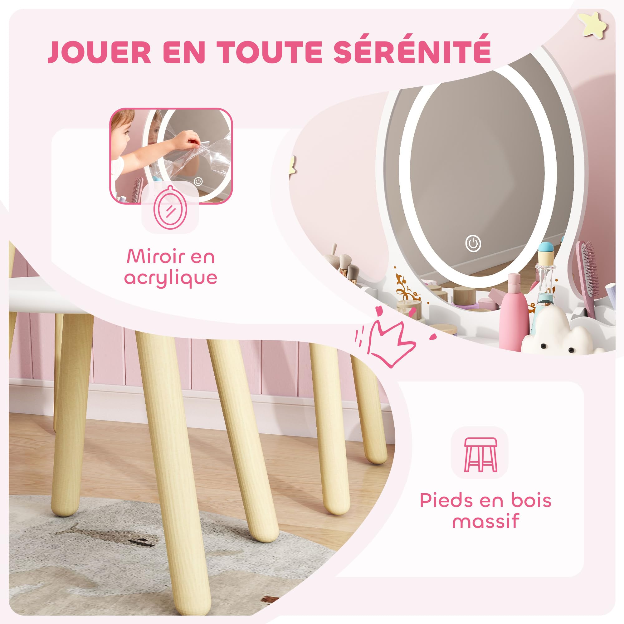 AIYAPLAY Coiffeuse Enfant en Bois 2 en 1, Bureau Enfant Fille avec Miroir à LED 3 Couleurs et Tabouret, Table de Maquillage avec 2 tiroirs et 2 casiers de Rangement Amovibles, 60x30x99,3cm, Blanc