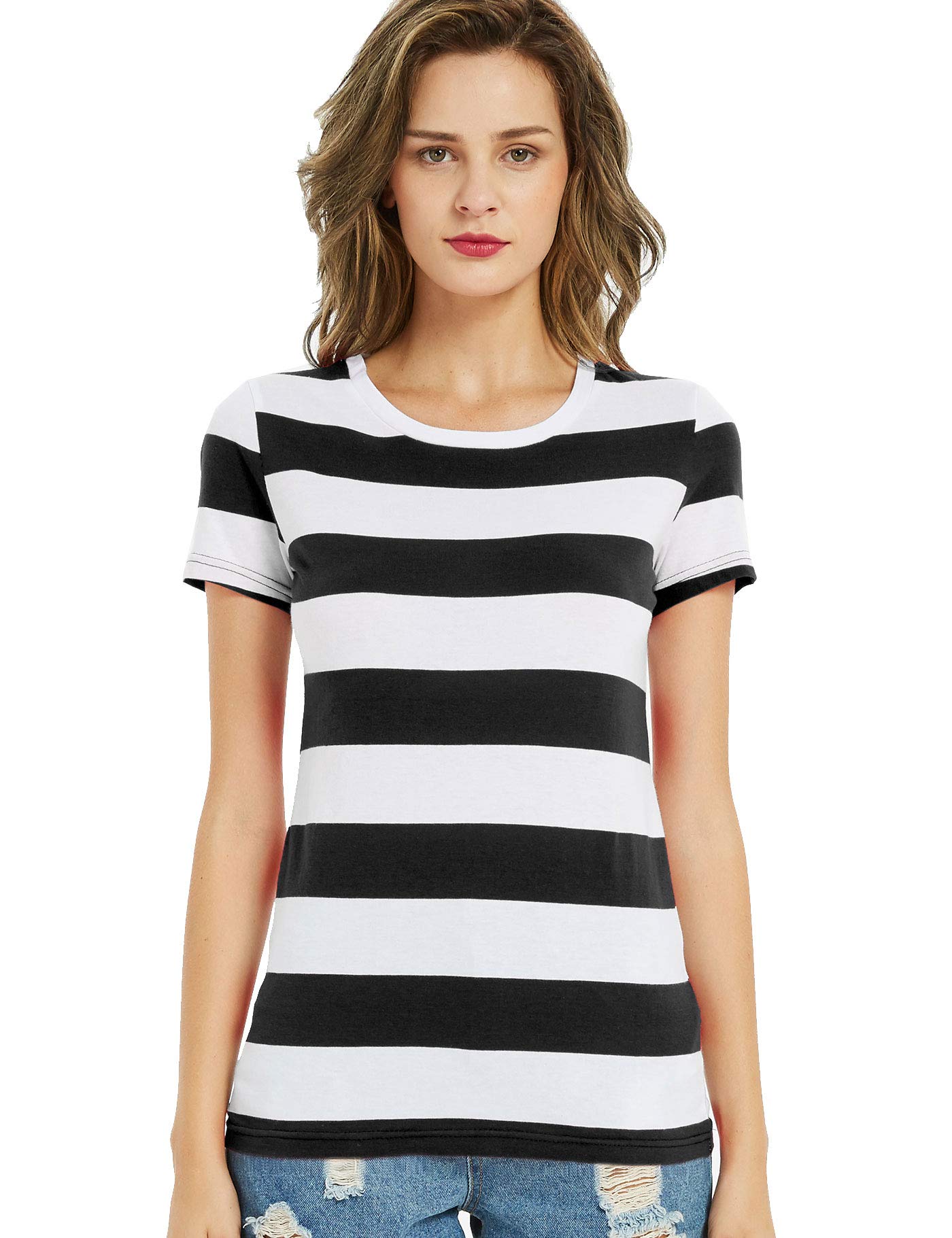 Striped T Shirts Women Black and White Stripes Short Sleeve Crew Neck Tees XL