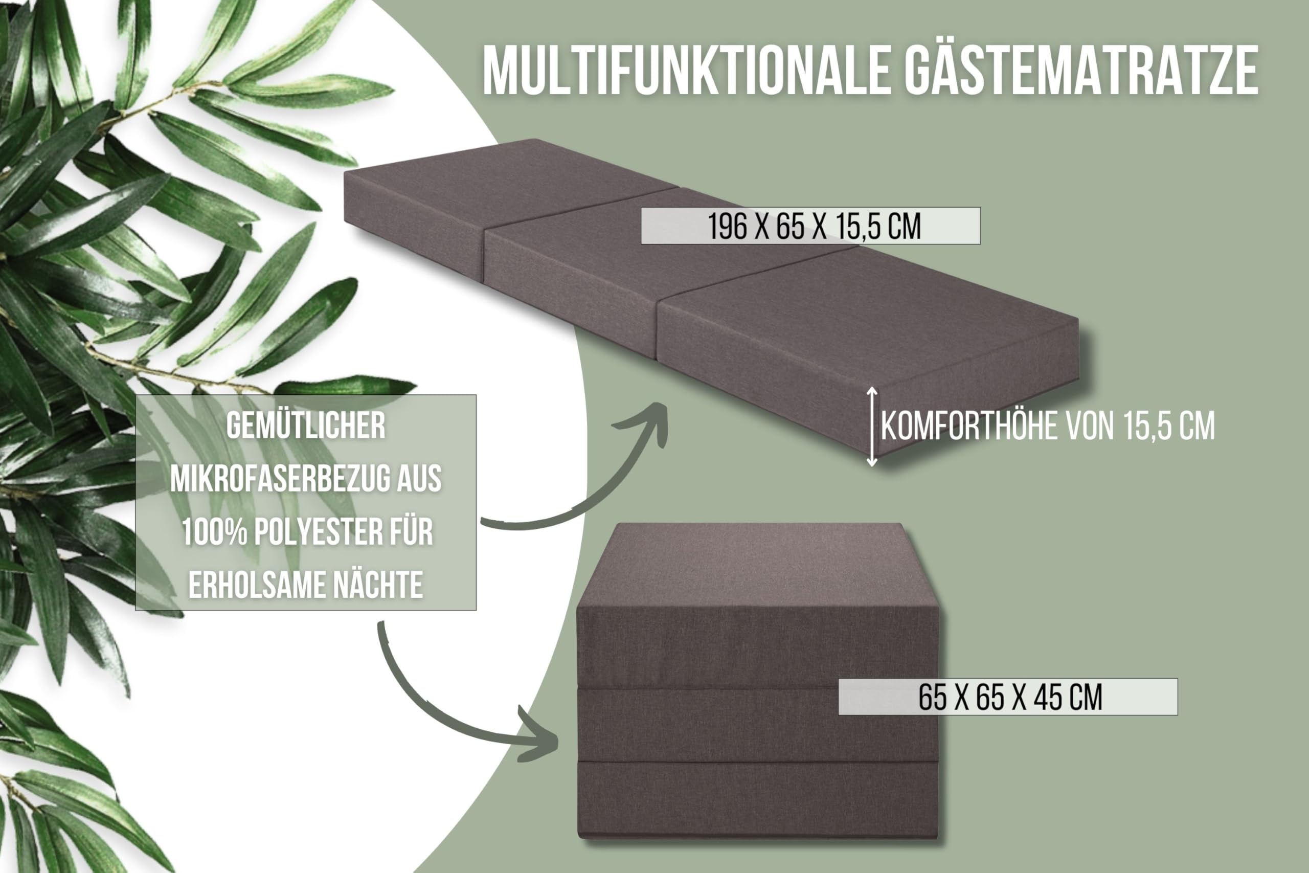 Badenia Trendline Colchón Plegable XXL para Invitados, 196 x 65 x 15,5 cm, Núcleo de Espuma de 15 cm, Funda Lavable, Gris Claro, Certificado Oeko-Tex