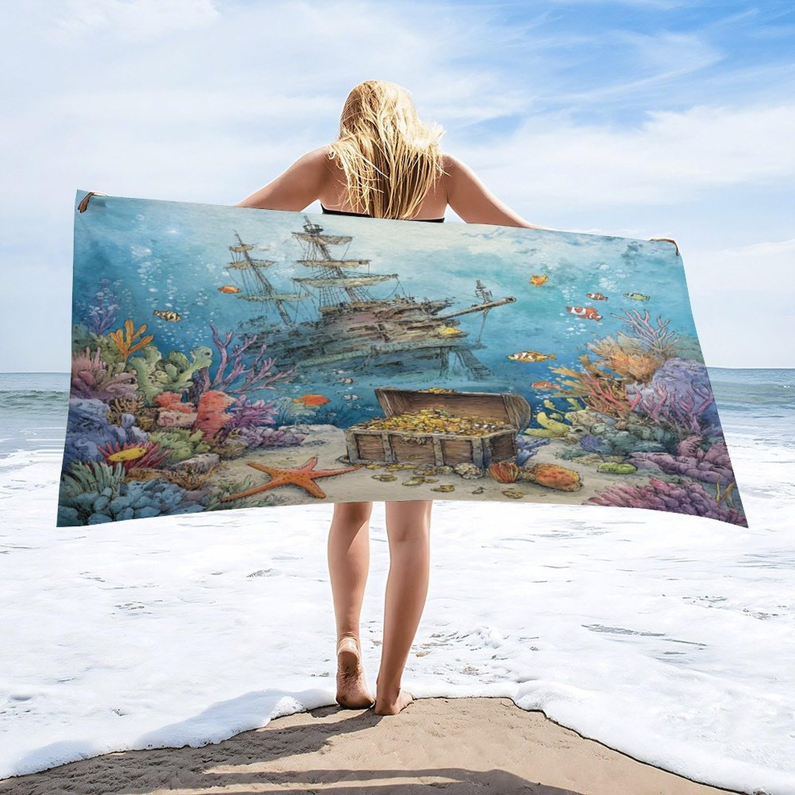 Luyysky Classic Realistic Pirate Ship Absorbent Beach Towel, Rustic Nautical Underwater Treasure Ocean Animal Fish Starfish Outdoor Single-Sided Velvet Beach Towel-80 W Cm X 160" L Cm