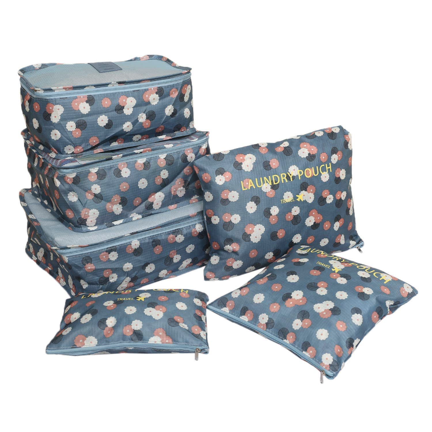 House of Quirk Travel Storage Polyester Printed Clothes Packing Cubes Space Savers Bags Cosmetics/Underwear/Socks/Shoes Organizer Pouch (Pack of 6 Blue Flower)-image-48