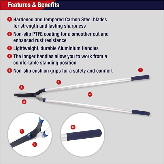 Spear & Jackson Razorsharp Lawn Shears, 36-Inch Tubular Steel Handles, Coated C50 Carbon Steel Blades for Corrosion Resistance and Smooth Cutting