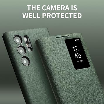 Genuine Leather Smart Case for Samsung Galaxy S23 Ultra Light Phone Cover with Smart View Case for S23 Ultra(Only for S23 Ultra Green)