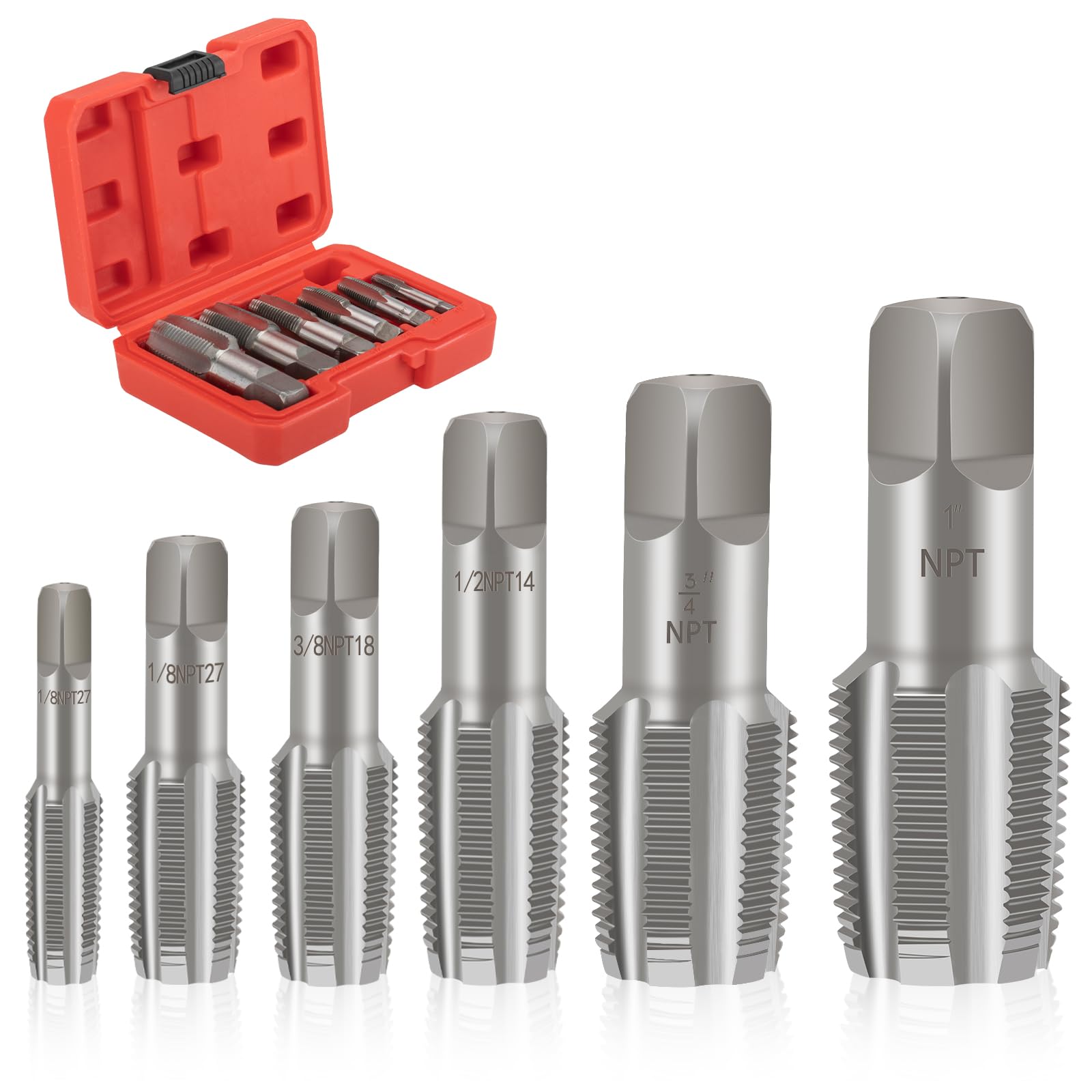 ANIRUDH 6 Piece NPT Thread Forming Taps Set,Carbon Steel Uncoated Pipe Threading Tools, 1/8”, 1/4”, 3/8”, 1/2”, 3/4”, 1” in Storage Box for Plumbing Mechanics DIY (6 Piece NPT Pipe Tap)