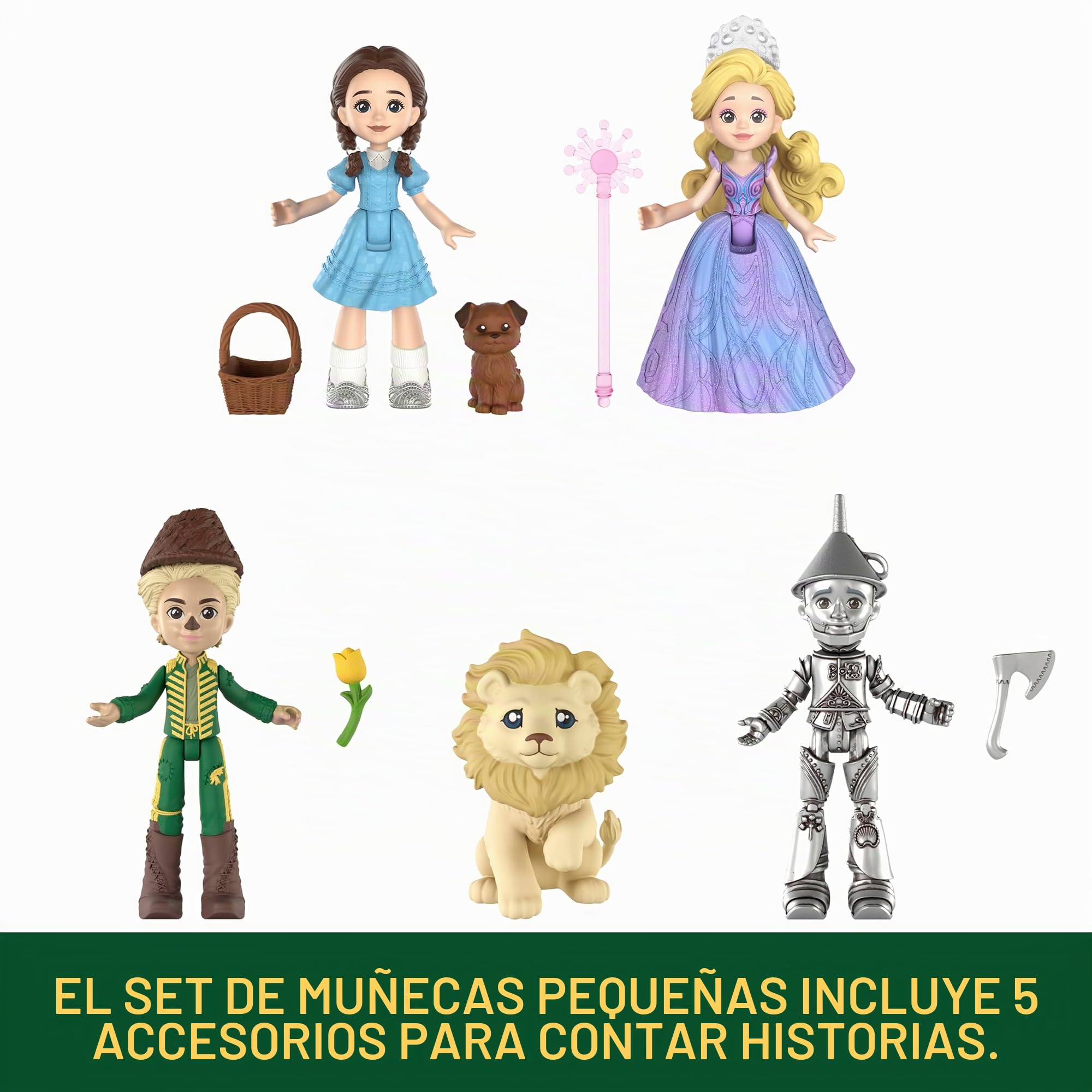 Mattel Universal Pictures Wicked: for Good Oz Story Set 5 muñecas pequeñas con looks distintivos, 1 amigo animal y 5 accesorios de narración de historias