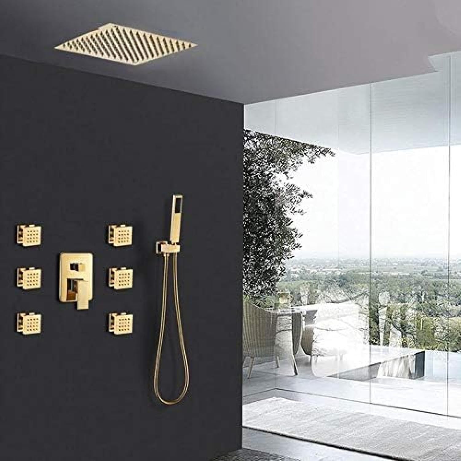 シャワーセット ゴールド超薄型シャワーヘッド 6個 マッサージスパジェット ゴールデンシャワー 3ウェイミキサータップ バスゴールド