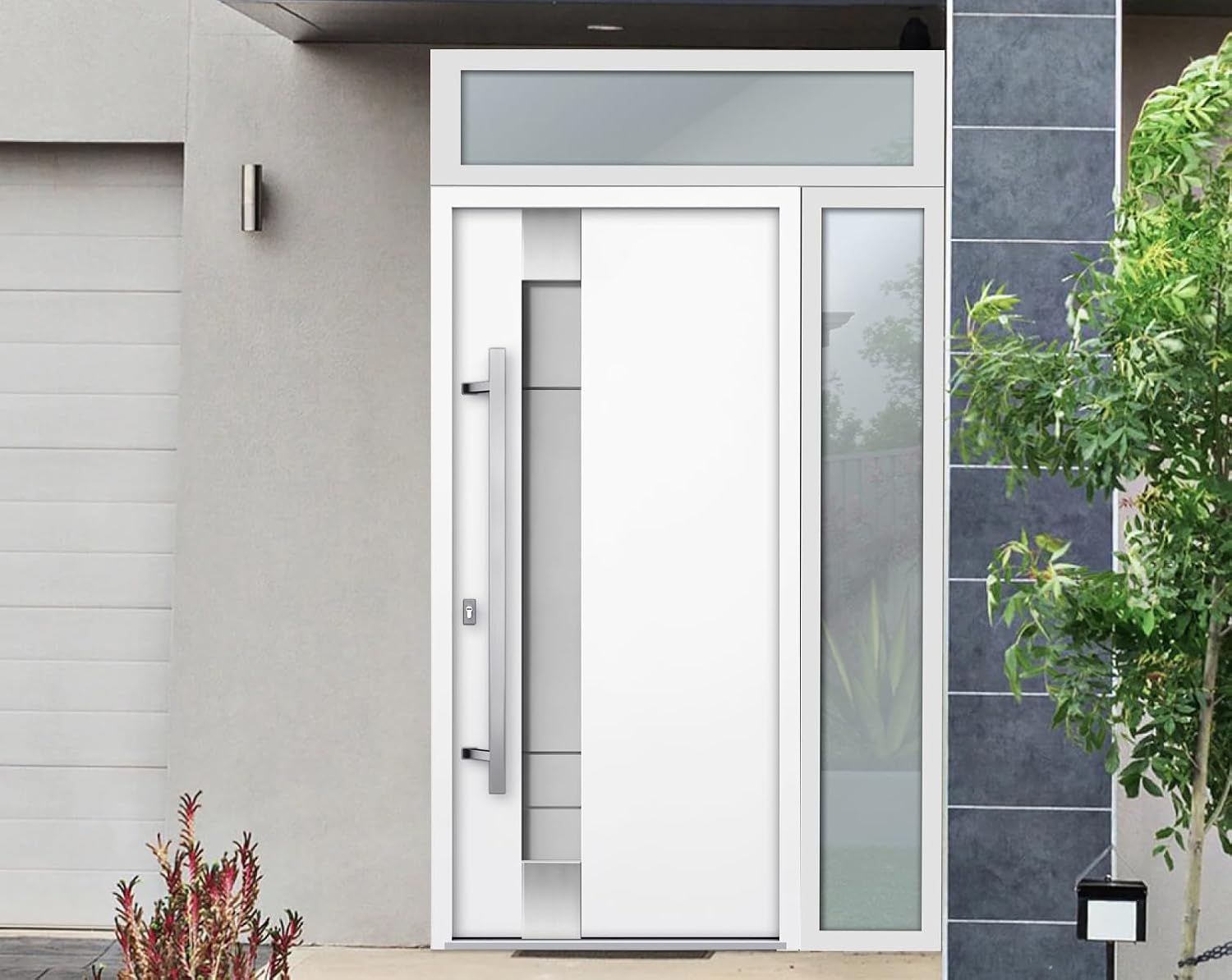 VDOMDOORS Front Exterior Prehung Steel Door/Deux 1713 White Enamel/Side and Top Exterior Black Window/Stainless Inserts Single Modern Painted-W36+16" x H80+16"-Right-Hand Inswing