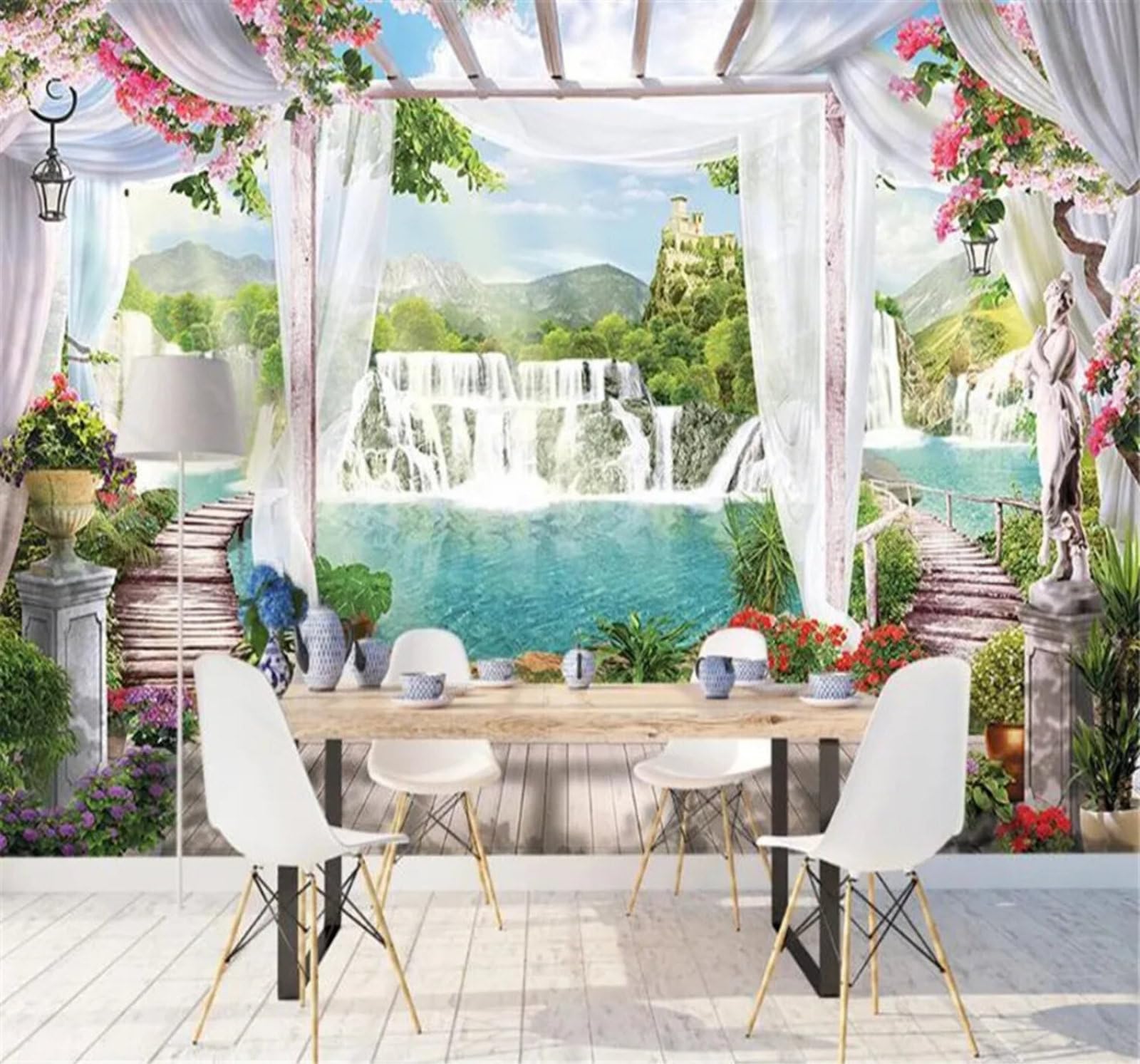 Tzxztt 200Cm×140Cm(B×H) Beautiful Minimalist Waterfall Fairyland Balcony Modern 3D Wallpaper Premium Textured Silk Neutral Tones Material Ideal For Living Room Bedroom-200Cm×140Cm