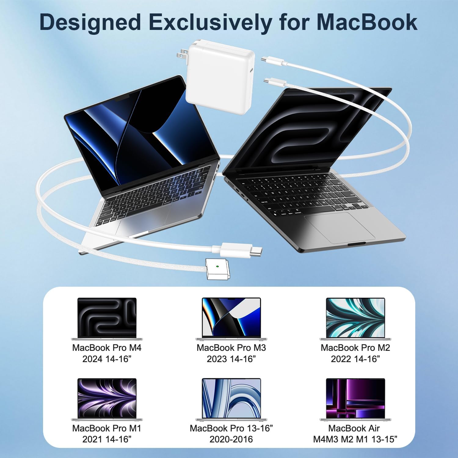 140W Charger for MacBook Pro 14 16 inch MacBook Air 13 15 inch 2025-2021 M4 M3 M2 M1, 140W GaN Power Adapter, 6.6FT USB C to 3 Magnetic 3 Cable, 8.2FT USB C to C Cable【Original Quality】