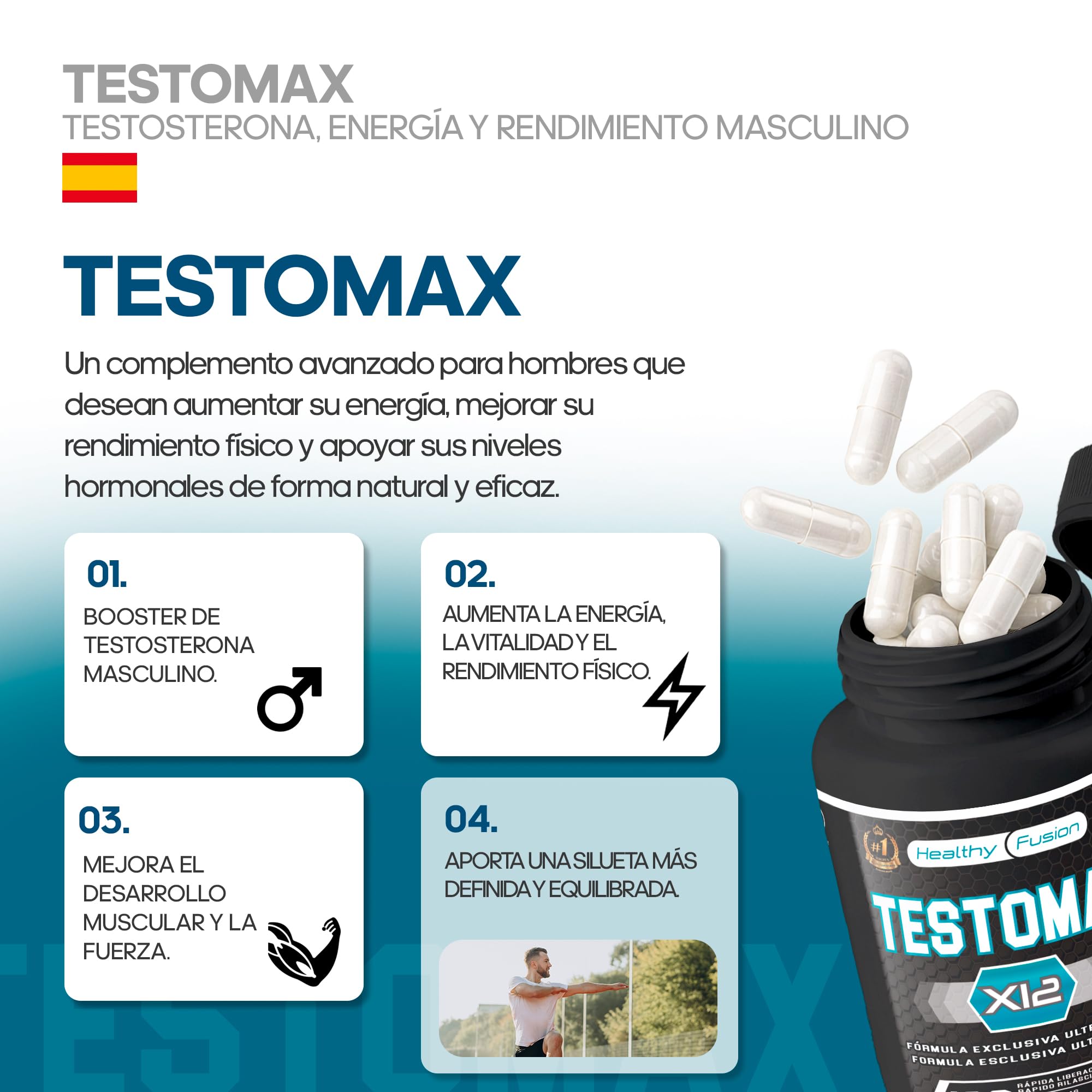 Healthy Fusion TestoMax | Booster de Testosterona Energizante | Maca, Ginseng, Tribulus, Taurina y Vitaminas | Aumenta la masa muscular | Acción quemagrasas y vigorizante | 120u