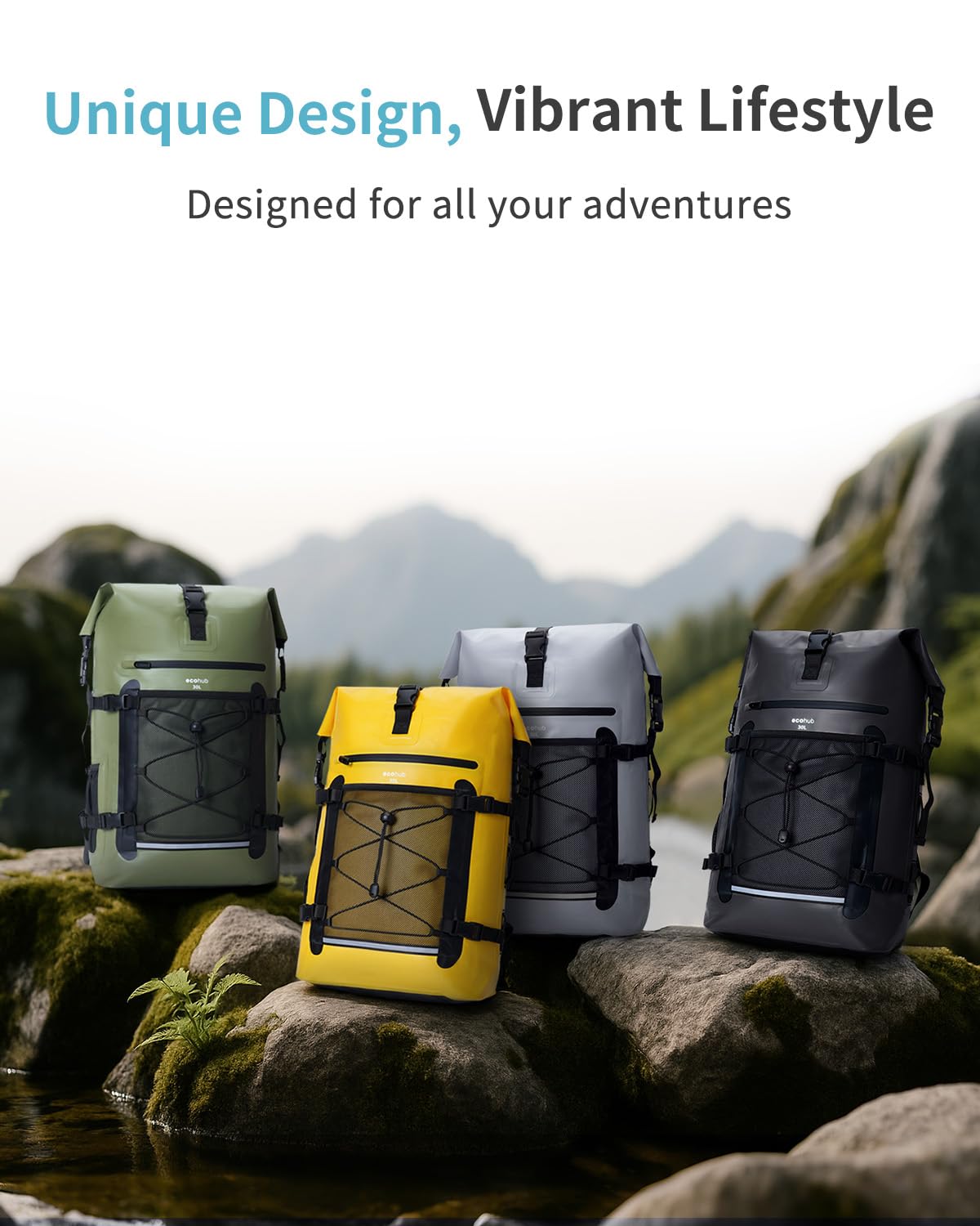 ECOHUB Wasserdichter Rucksack, Rolltop mit IPX8 Handyhülle & Atmungsaktive Rückenpolsterung, Dry Bag für Kajak, Bootfahren, Wandern, Camping, Angeln, Rafting, Lieferfahrer, 30L, Grau