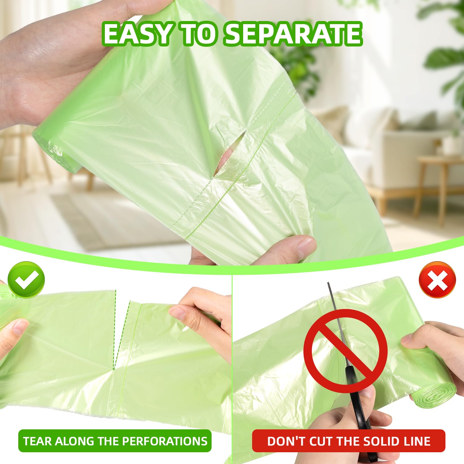 Bolsas de basura orgánicas de 10 l, 120 unidades, bolsas de basura orgánicas para cocina, resistentes al desgarro y al agua, bolsas biodegradables para cocina, oficina, salón (W45 x 50 cm, verde)